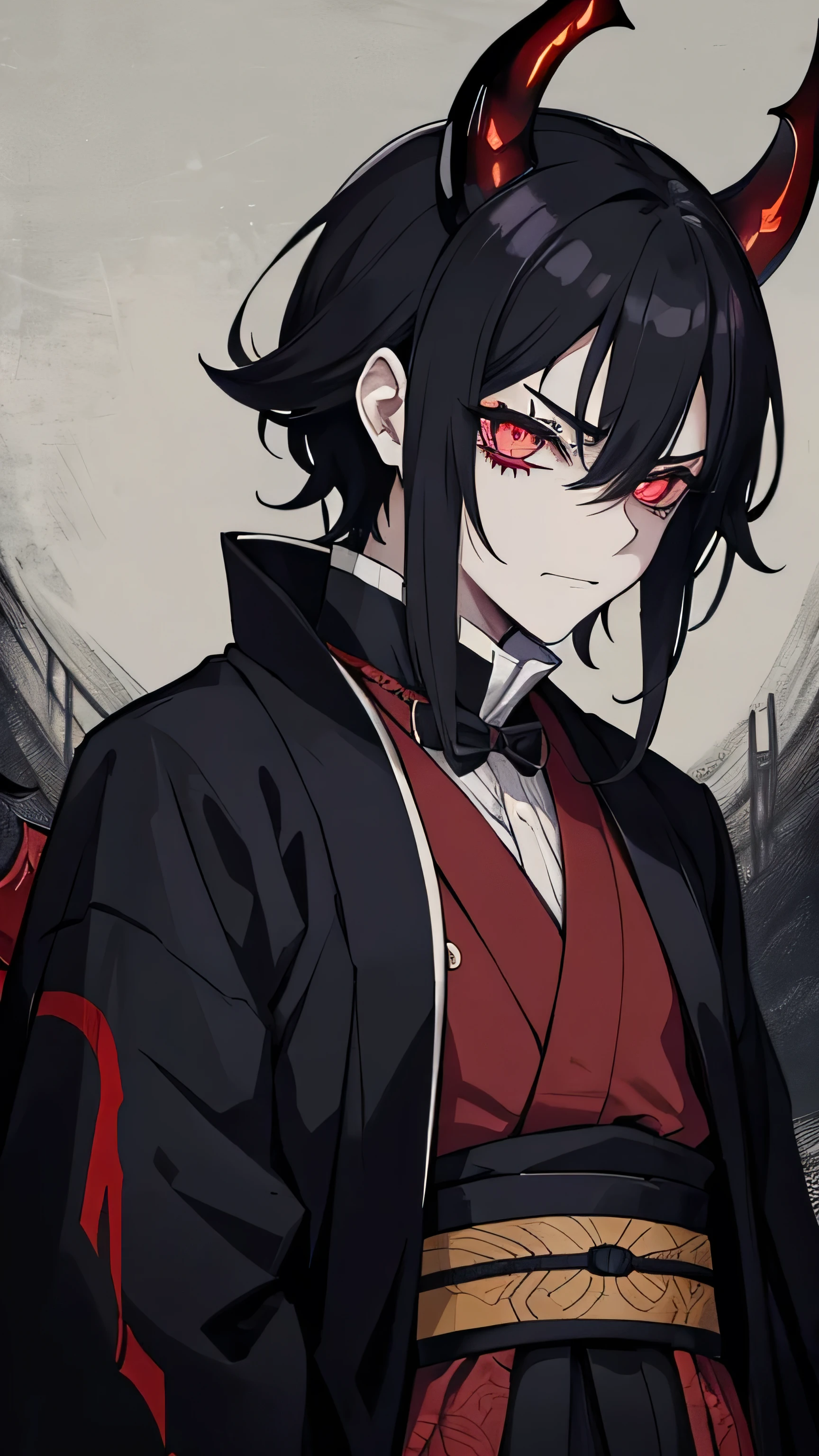 taisho period japan background, grunge, eeire, scary, kimetsu no yaiba, black scaley demon, glowy eyes, demonic, hellish creature, ominous, thriller, moody, dark aesthetic, darkwave, grunge, ragged and rough, monstrous, disturbing, demonic
