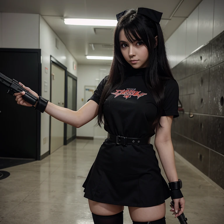 Anime girl dressed in black standing holding a submachine gun,The background is a written sign "ROSS DARK", small and curvy, demon anime girl, mika kurai demon, visual de anime de uma linda garota, another anime girl is next to her,The other girl has the same characteristics,Animes de arte inicial , com olhos vermelhos brilhantes, estilo de arte anime moe, de vestido, linda garota de anime agachada, linda garota de anime