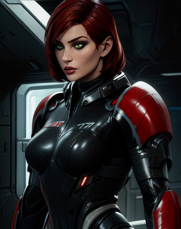 Jane,bodysuit,armor,standing,N7,green eyes,red hair,
upper body,
science fiction,facility,
( insanely detailed, masterpiece, best quality) solo,<lora:femshep:0.9>,