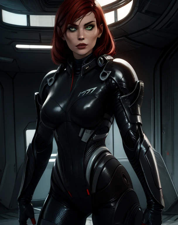 Jane,bodysuit,armor,standing,N7,green eyes,red hair,
upper body,
science fiction,facility,
( insanely detailed, masterpiece, best quality) solo,