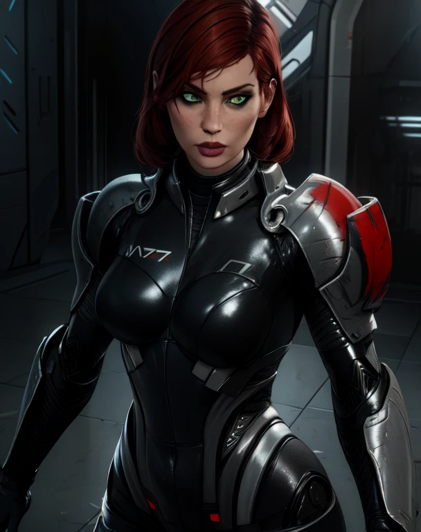 Jane,bodysuit,armor,standing,N7,green eyes,red hair,
upper body,
science fiction,facility,
( insanely detailed, masterpiece, best quality) solo,