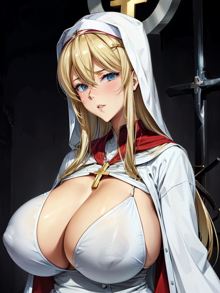 Blonde saint with big breasts and a cross, Symbol of motherhood, Dressed in all white robes.