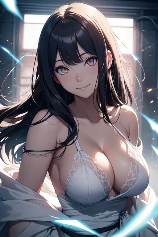 light effect, soft, super clear, high-definition picture, (front), masterpiece, cinematic lighting, Hinata Uzumaki, white eyes, byakugan eyes, black long hair, no pupils, 1girl, solo, looking at viewer, smile, large breast, open shoulder, light blue lingerie