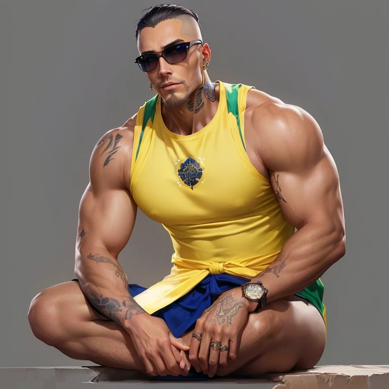 a man with tattoos and a yellow robe is standing in front of a clock, neoartcore and charlie bowater, handsome guy in demon slayer art, fantasy male portrait, tattooed man, charlie bowater character art, king in yellow, artgerm and grek rutkowski, stunning digital illustration, skinny male fantasy alchemist, felix englund style