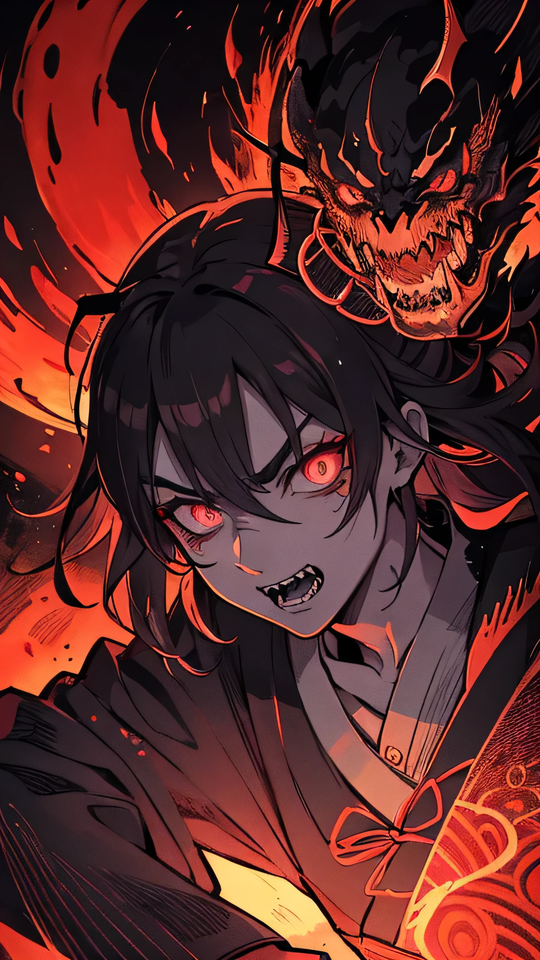 taisho period japan background, grunge, eeire, scary, kimetsu no yaiba, black scaley demon, glowy eyes, demonic, hellish creature, ominous, thriller, moody, dark aesthetic, darkwave, grunge, ragged and rough, monstrous, disturbing, demonic