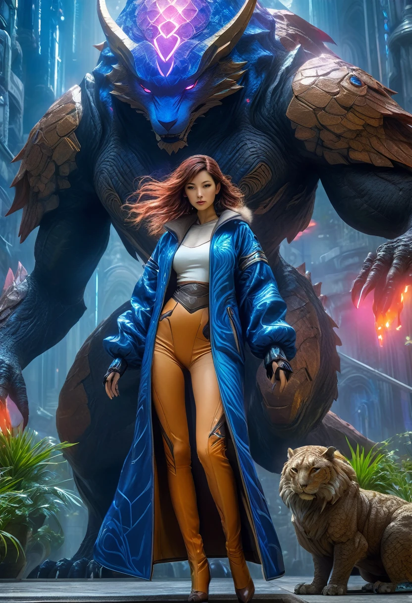 best quality,4k,8k,highres,masterpiece:1.2,ultra-detailed,realistic:1.37,HDR,UHD,studio lighting,ultra-fine painting,sharp focus,physically-based rendering,(Yoshitaka Amano style:1.1),SFW,(safe for work), A israeli woman and her guardian familiar, mystical creature,otherworldly creature,kaiju-like,enchanting companions,wearing stylish futuristic clothes,inspired by Phantasy Star Online, dynamic poses, (The woman, with her eyes brightly colored, no makeup and her israeli facial features elegantly detailed, adding to her allure. Dressed in elegant casual clothes with a stylish futuristic jacket.), (She is accompanied by a guardian, a Golem made of crystal with multiple eyes and thick limbs. The creature's presence adds a sense of wonder and magic to the scene.), (The woman and her companion stand in a dark and gothic city, a modern metropolis with surreal plants, and vibrant signs. The colors are vibrant, with a mixture of dark blues, browns, and pale reds creating a dreamlike atmosphere.), (The lighting is soft but illuminating, casting a gentle glow on both the woman and the creature.), (The overall composition has a realistic and photorealistic quality, capturing the essence of the scene in intricate detail.), (The art style is inspired by Yoshitaka Amano, known for his ethereal and otherworldly illustrations. The combination of realistic elements with the artist's unique style creates a captivating and visually stunning image.),Greg Rutkowski