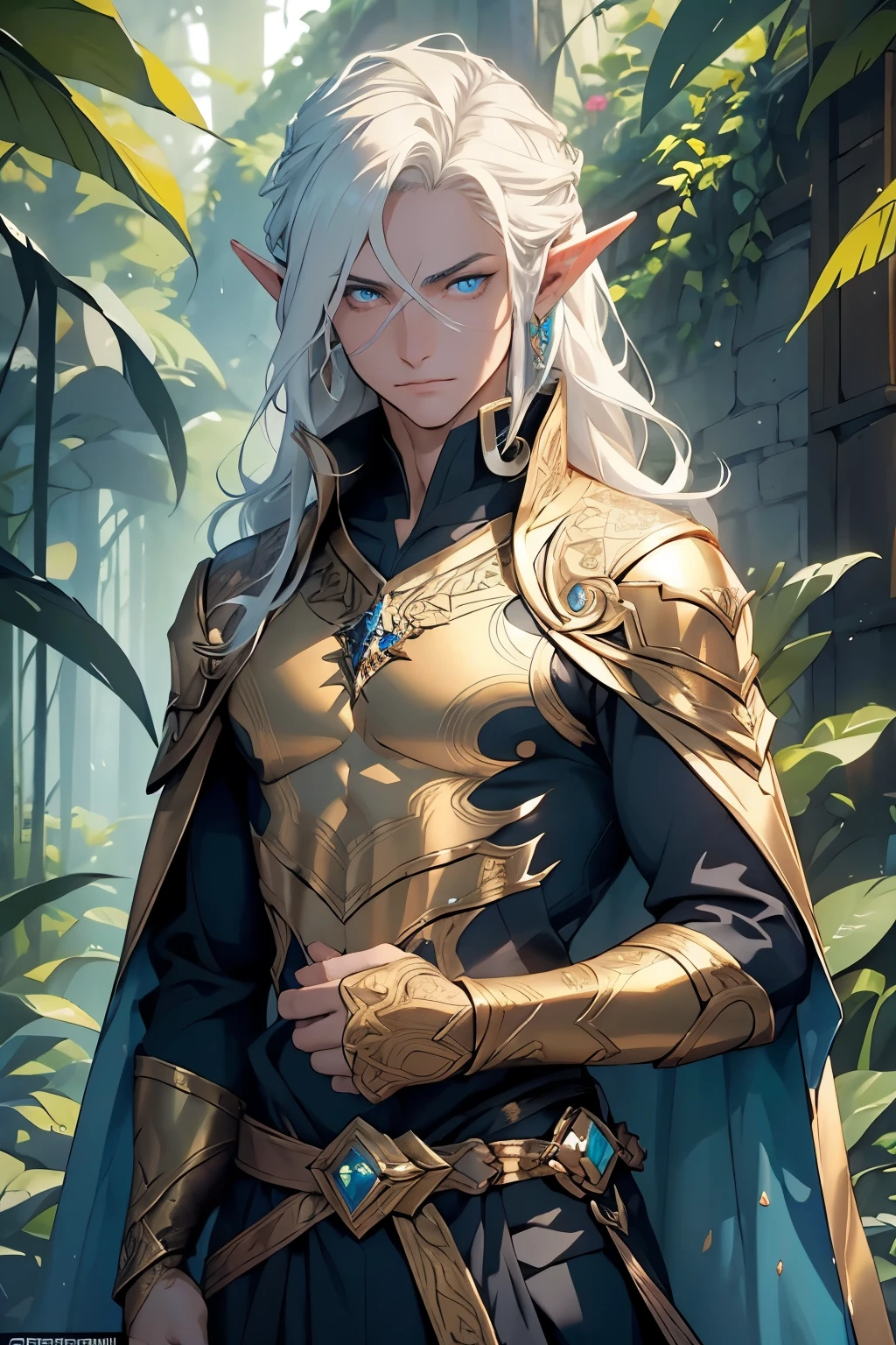 The male High Elf, endowed with a perfect face, where intricate details adorned his eyes, lending them an otherworldly allure. His hands, a testament to perfection, sported fine veins and symmetrical anatomy, the epitome of elven craftsmanship. Draped in court elf clothing, the fabric shimmered with iridescence, complementing his majestic stature.
A staff forged from enchanted material nestled in his grasp, casting magical lighting that transformed the surroundings in vibrant hues. Surrounded by a forested environment, the scene burst with life, each hue illuminating the foliage and show