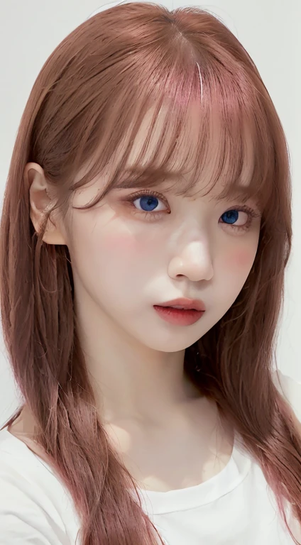 1 female,　28-year-old woman、Pink Hair, Blunt bangs, Hair behind the ear, Hair that falls over the shoulders, Long Hair, Ultra Fine Face, Embarrassed expression、Thin face, Sharp contours、Delicate lips, (Beautiful Eyes:1.5), Lightly reddish, (The eye color is light brown:1.5),See this,Sexy pose、Large Breasts、 Ultra-fine needle, very thin fingers, The optimal ratio is four fingers to one thumb., (A thin, tight-fitting white T-shirt:1.5)、(The nipples are clearly visible:1.5)、Pink nipples、(Small round perfect nipples:1.5)、(No bra:1.5)、The whole body is shown、First Person View,  8k, Super Detail、high quality, 最high quality, High resolution,