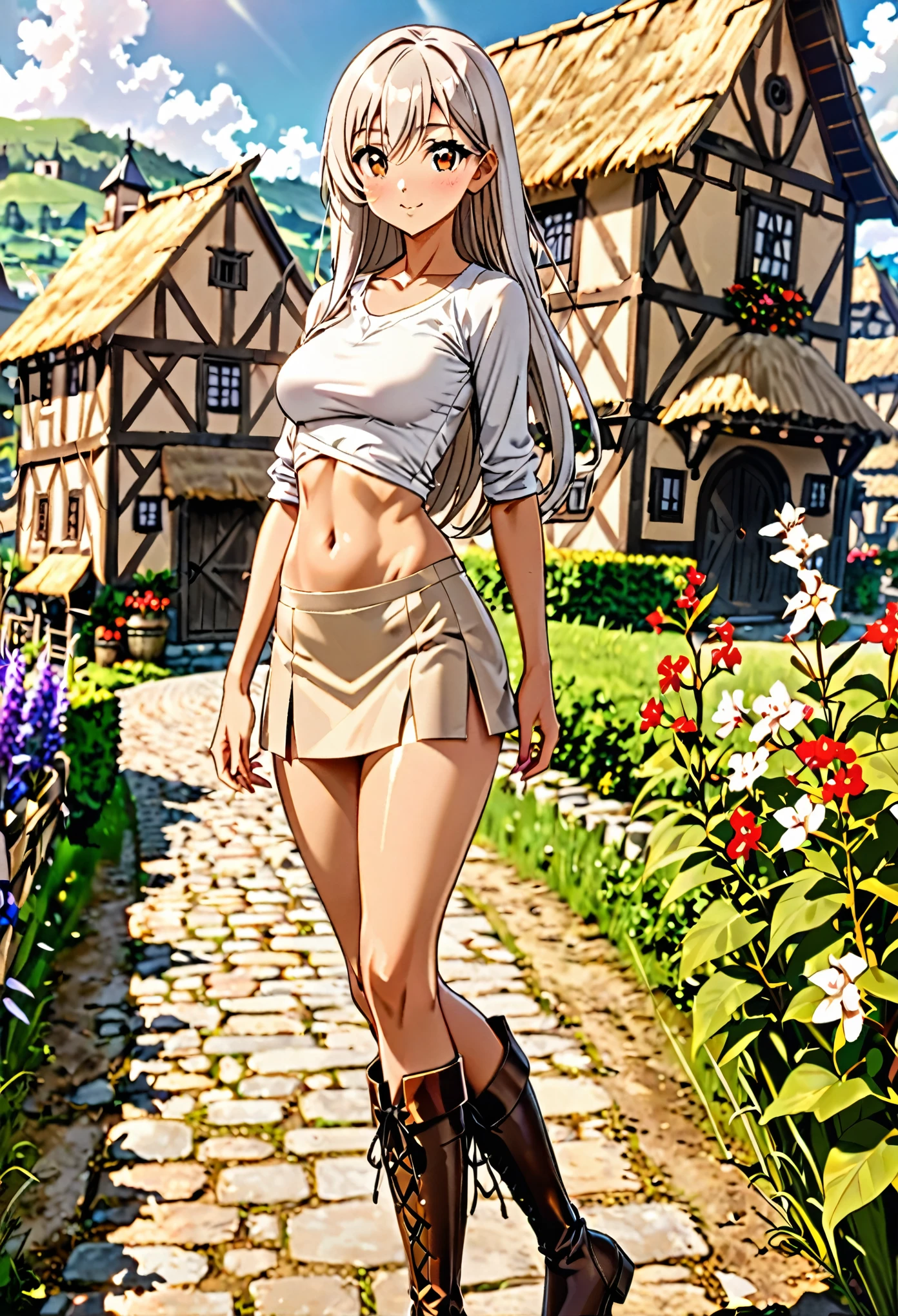 Fantasy art、1 female,The perfect 25 years old,((ideal ratio body proportions,small head:1.7)),tan skin,((high quality anime, 8k,masterpiece,Perfect Anatomy)),(beautiful detailed face and eyes,gorgeous eye:1.3,Almond Eyes),brown eyes,(silver hair),Straight long hair,bangs,blush,smile,cowboy shot,medium breasts,slender body,skinny,stroll、walk、(beige mini skirt,A plain off-white cotton shirt、navel)、Simple leather boots、Fantasy World、A simple rural village、
