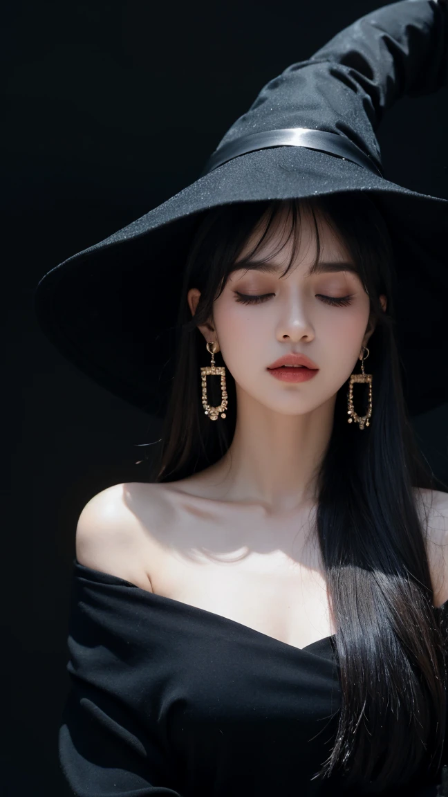 woman, bangs, bare shoulders, black background, black hair, closed mouth, collarbone, earrings, eyelashes, closed eyes, hat, jewelry, long hair, off shoulder, orb, solo, sparkle, upper body, witch, witch hat, listens to voices, realistic fantasy