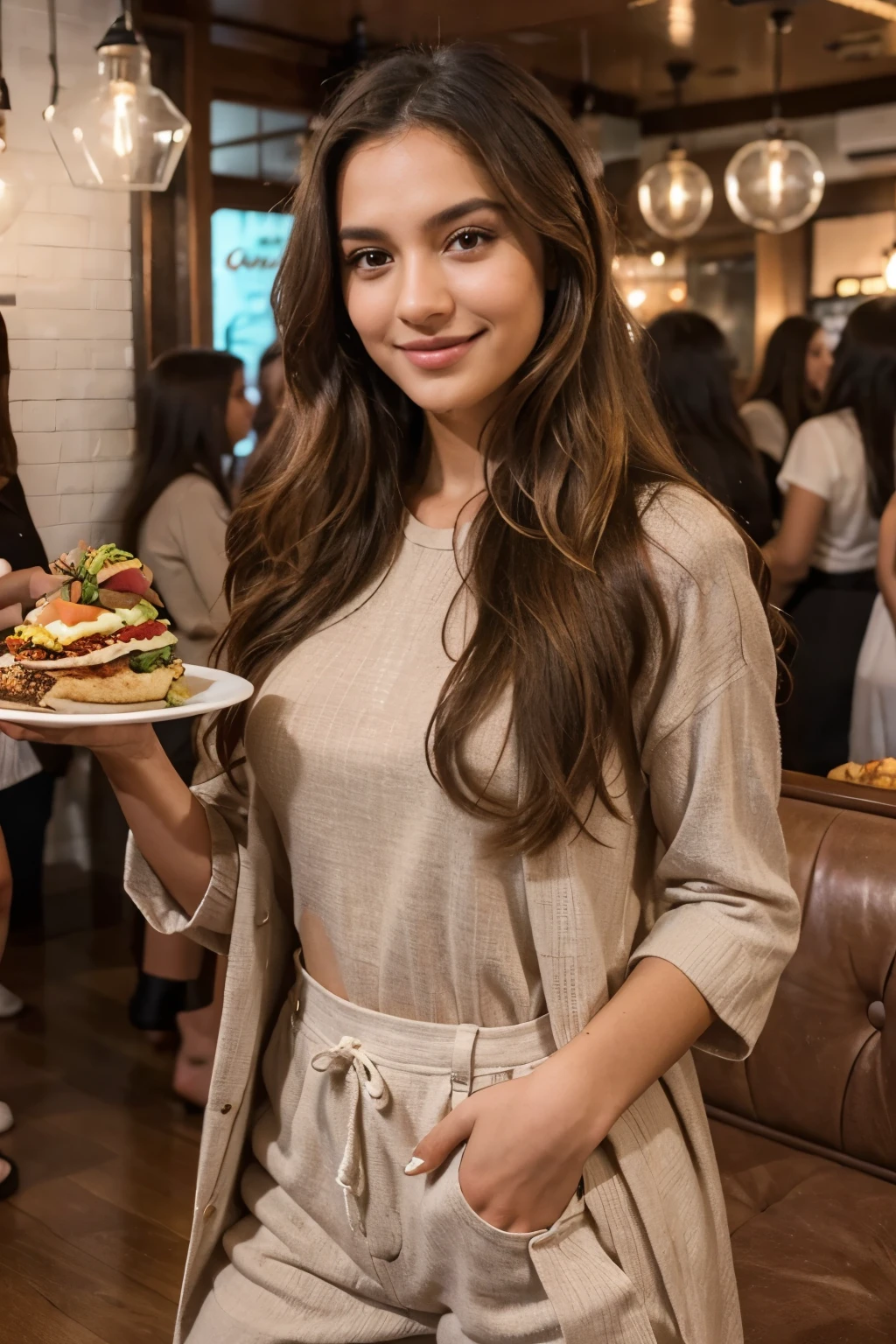 A vivaciously charismatic Instagram model with meticulously styled light brown light wavy long hair and brown eyes enjoys a gathering with friends at a chill restaurant. The image captures her radiating joy and her love for good food. Her outfit exudes chic and trendy. Perfectly blending with the cheerful atmosphere. The scene is depicted in a vibrant and visually rich in detailed photograph specially the food