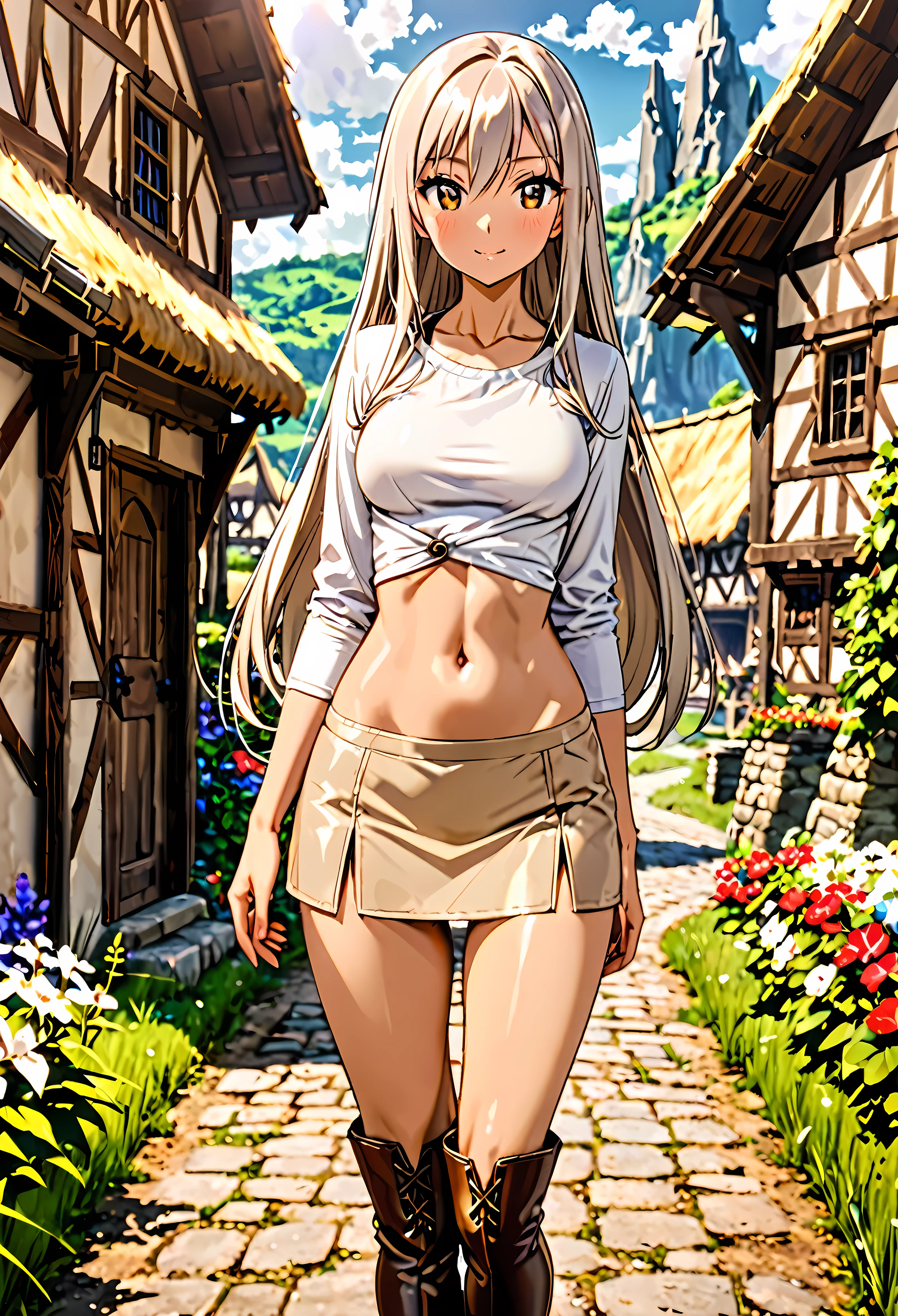 Fantasy art、1 female,The perfect 25 years old,((ideal ratio body proportions,small head:1.7)),tan skin,((high quality anime, 8k,masterpiece,Perfect Anatomy)),(beautiful detailed face and eyes,gorgeous eye:1.3,Almond Eyes),brown eyes,(silver hair),Straight long hair,bangs,blush,smile,cowboy shot,medium breasts,slender body,skinny,stroll、walk、(beige mini skirt,A plain off-white cotton shirt、navel)、Simple leather boots、Fantasy World、A simple rural village、