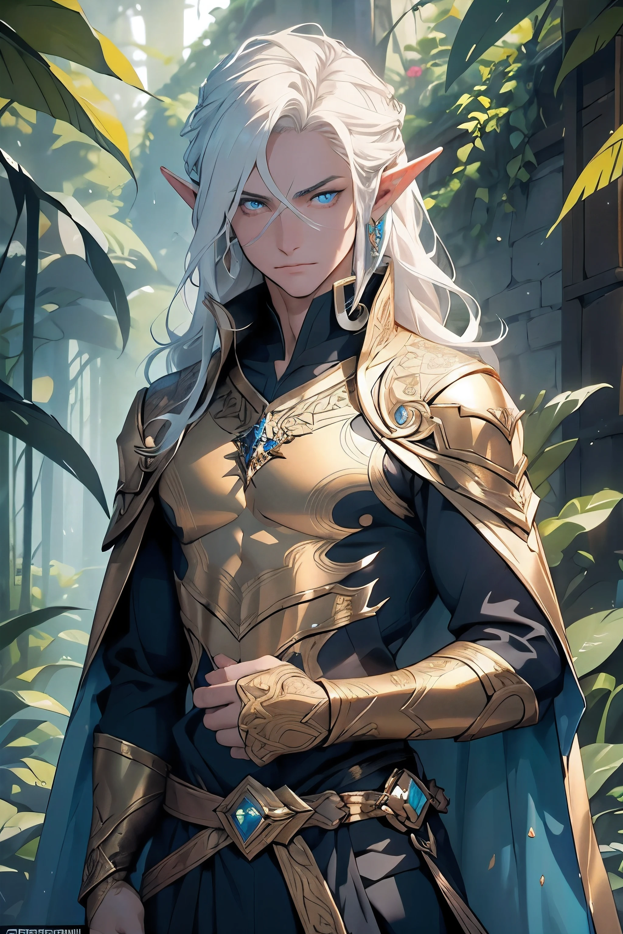 The male High Elf, endowed with a perfect face, where intricate details adorned his eyes, lending them an otherworldly allure. His hands, a testament to perfection, sported fine veins and symmetrical anatomy, the epitome of elven craftsmanship. Draped in court elf clothing, the fabric shimmered with iridescence, complementing his majestic stature.

A staff forged from enchanted material nestled in his grasp, casting magical lighting that transformed the surroundings in vibrant hues. Surrounded by a forested environment, the scene burst with life, each hue illuminating the foliage and show