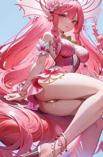 (absurdres, ultra detailed), 1girl,extremely detailed eyes, long pink hair, twin braids, short sleeves, pink diamond necklace, peach earrings, pink mermaid tail dress, pink heels, pink flower in hair, arms to sides, pink bracelets,