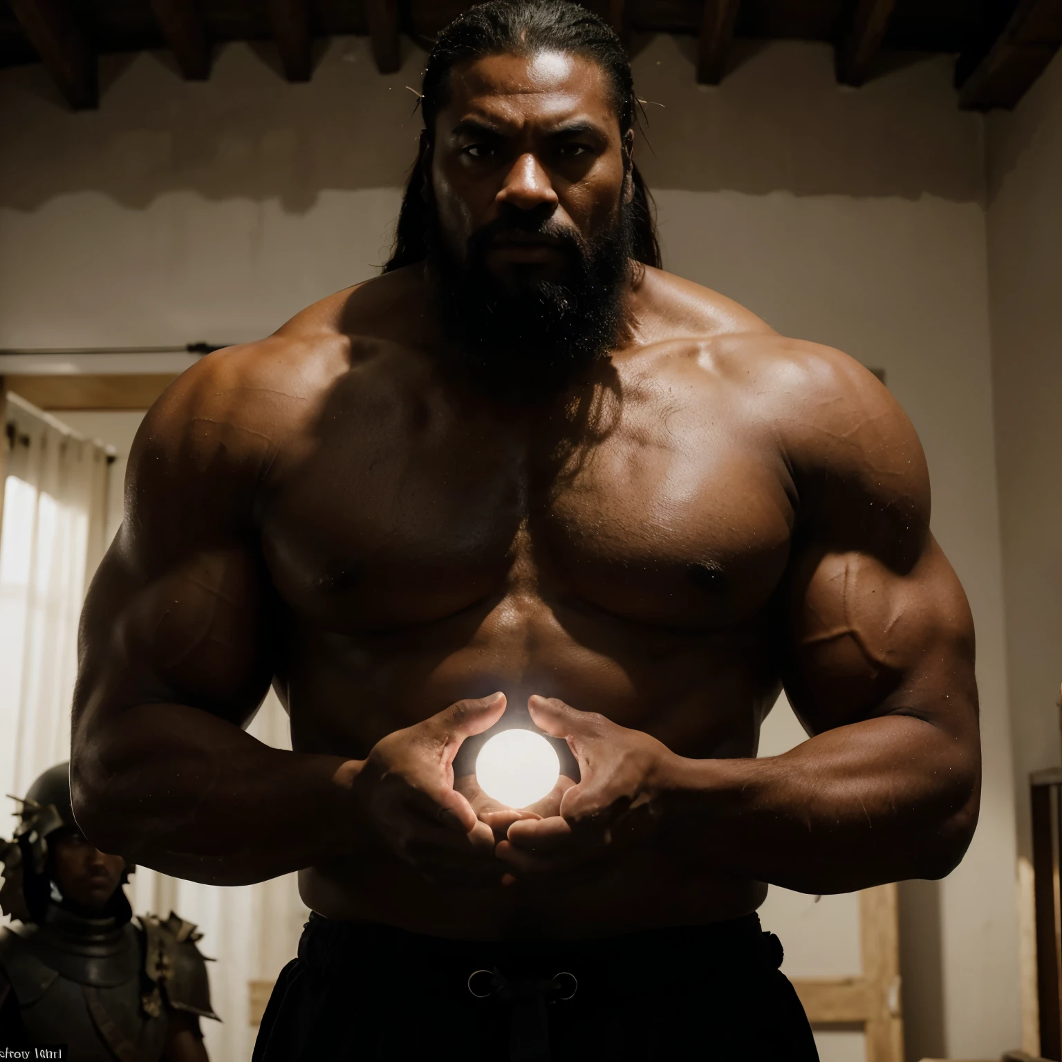 "In the heart of an ancient African village, a handsome and stoic man exudes an aura of deep darkness and power that strikes fear into the hearts of all who behold him. He stands tall and formidable, embodying 25% of his absolute brute force, his muscles taut and his gaze piercing. This imposing figure is none other than the father, a legendary warrior feared by all, facing off against his own son in a timeless struggle of generations.
The son, determined and resilient, stands before his father with a mixture of reverence and defiance in his eyes. Despite the weight of his lineage and the shadow cast by his father's reputation, the son is resolute in his quest to prove himself and overcome the formidable presence of his beloved father. The air crackles with tension as the two figures lock eyes in a silent battle of wills, each refusing to yield to the other.
Capturing the essence of this old-age dilemma between father and son, showcase the conflicting emotions of pride, love, and rivalry that define their relationship. Explore the complex dynamics at play as the father grapples with the inevitability of passing the torch to his son, while the son struggles to find his own path while honoring the legacy of his formidable father. Let the tension and emotion of this poignant moment unfold in your art, depicting a timeless struggle that transcends generations."