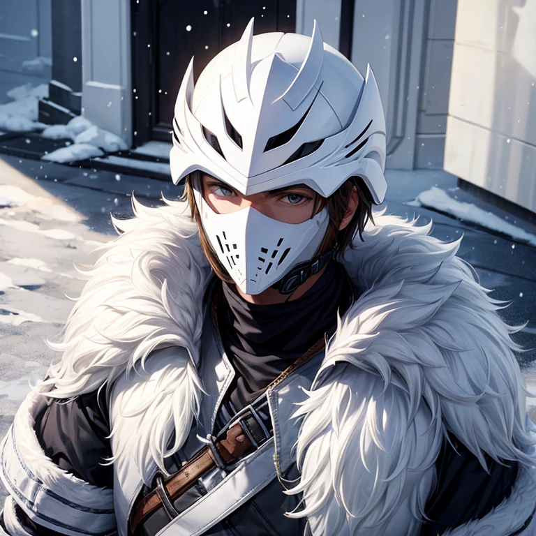create an image of a guy wearing snow armor with masked helmet