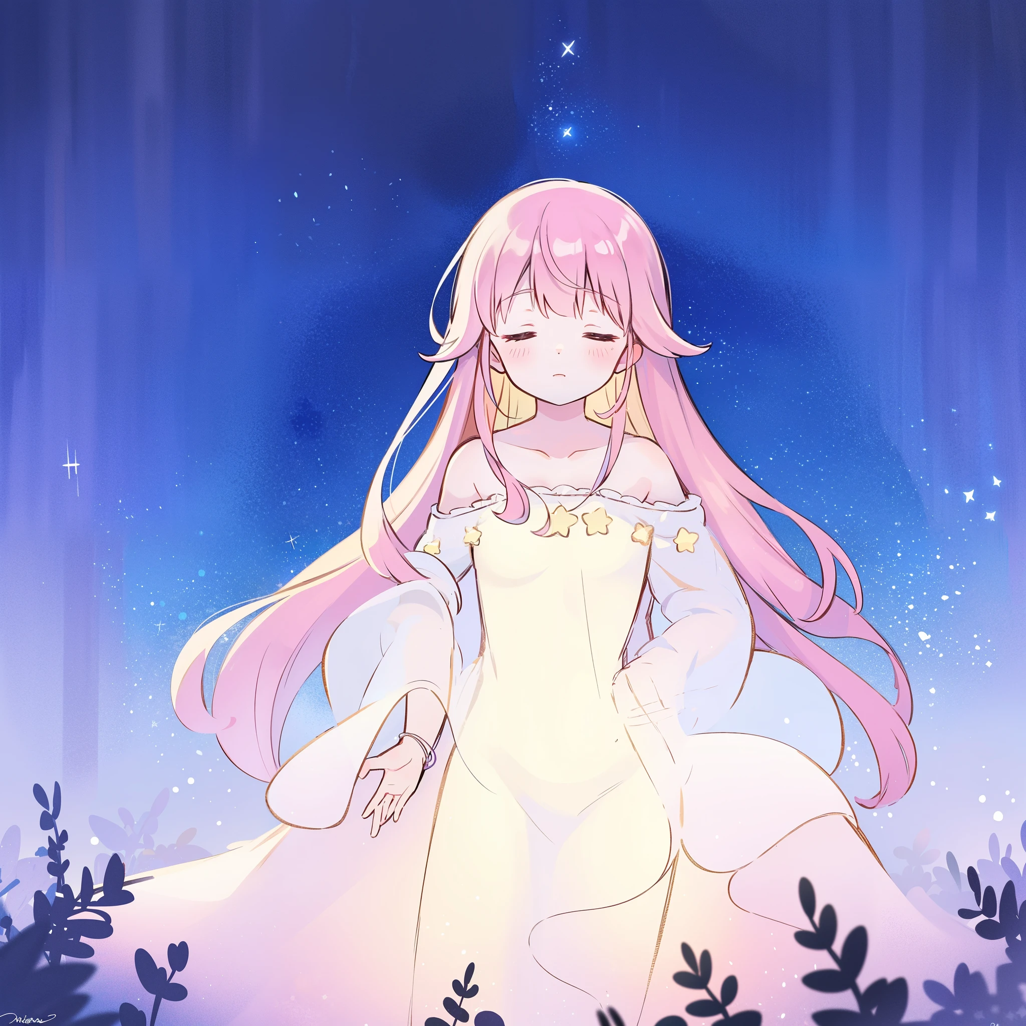 complex background, wishing star background, a woman wearing an ethereal mystical pink translucent dress that reflects the stars, dreamy, peaceful, serene composition, glowing stars, glowing, complex drawing, highly detailed, ethereal, starry night, midjourney style