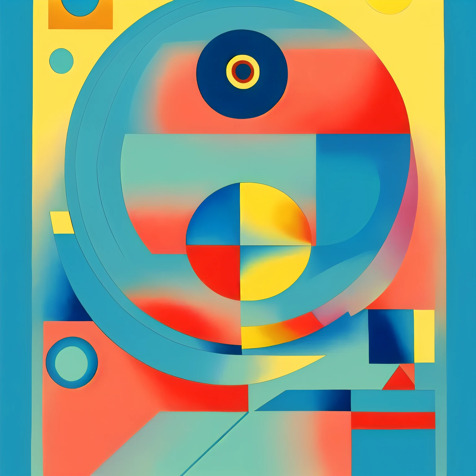 a painting of a circle with a blue, yellow, red and green circle, bauhaus style painting, inspired by Sophie Taeuber-Arp, orphism style, inspired by Auguste Herbin, fortunato depero painting style, bauhaus art, by Sonia Delaunay, inspired by Delaunay, geometric abstraction, inspired by Stanton Macdonald-Wright