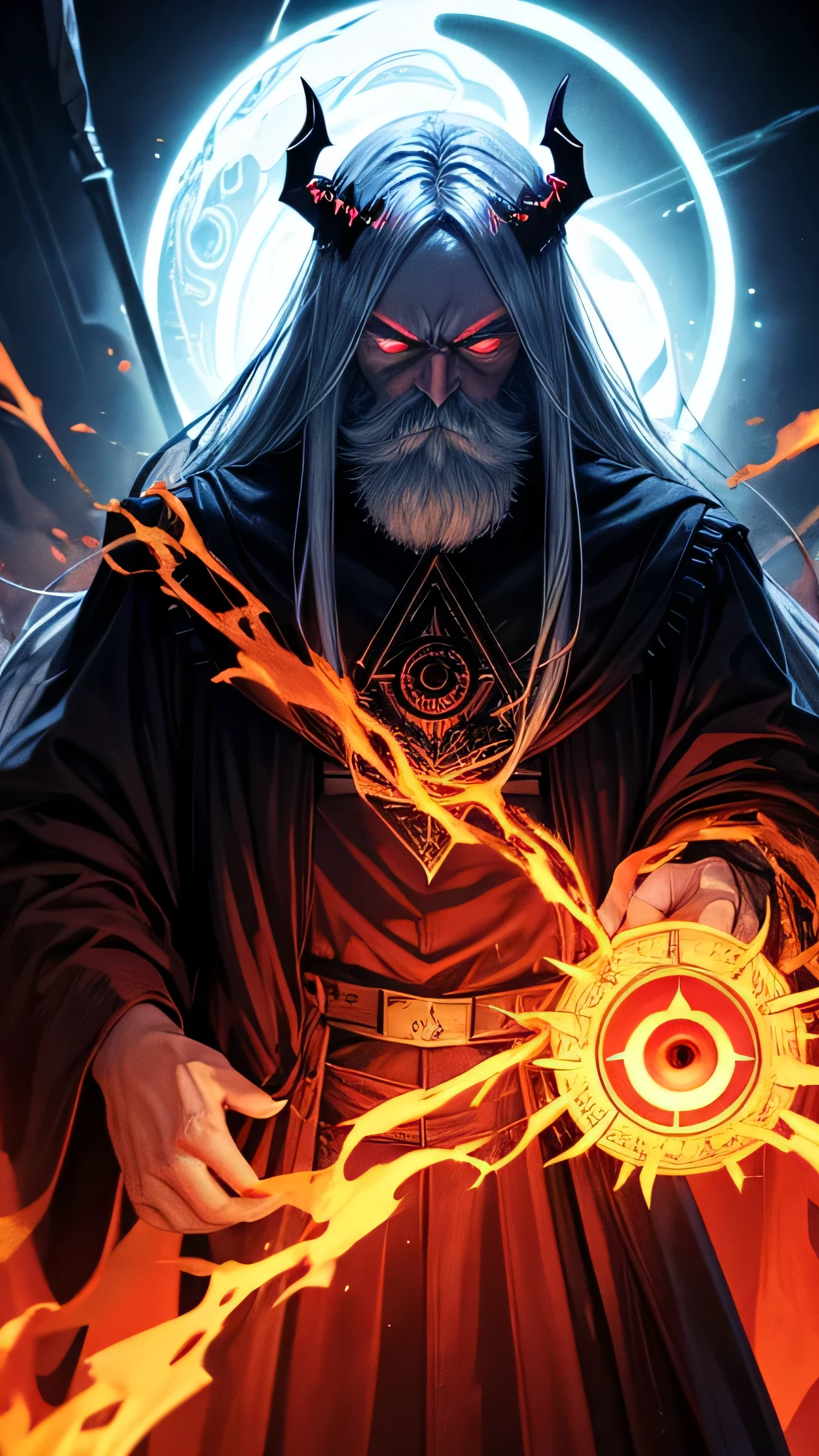 Satanistic monster in the front, with the all seeing eye on the top of the head the eye glowing red, high quality, backround color black with thunders, , the monster is angry, in the backround we can see a Gohst God-man, The Man with the libra (justice) in his hands, white long hair, blue eyes, with a long white beard.