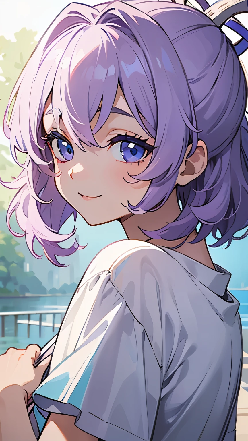 Line art、masterpiece, highest quality, Super Detail、((Bob Hair))、Wavy Hair、Casual clothing、Light purple hair、Bright and beautiful blue eyes、Smile a little、Thin eyebrows