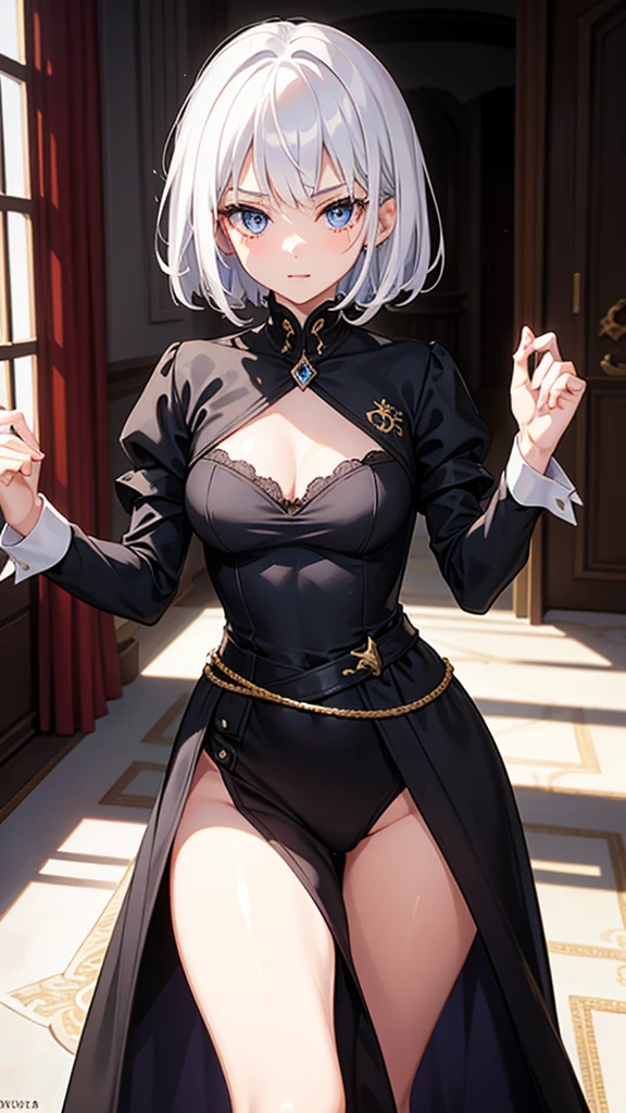 Imagine a  girl, a  with a pretty face, with a mischievous and malignant expression, she has short white hair, has blue eyes and is wearing an elegant black formal knight outfit, she is in a room that appears to be from castle