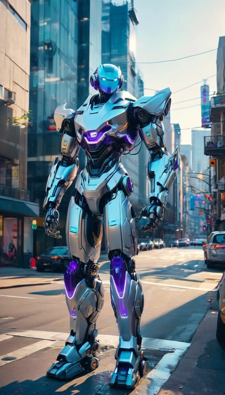 A robot with a silver exterior and blue highlights stands in the center of a city street. The robot's design appears advanced and humanoid, with a helmet that illuminates its eyes in blue, and detailed hands with five fingers. The urban backdrop features a mix of blue and purple neon lights, with two cars parked along the sides of the street. The setting gives off a futuristic, technological vibe, and there's evidence that it happens later in the day, although the exact time is unconfirmed. Buildings are visible in the background, contributing to the urban context.