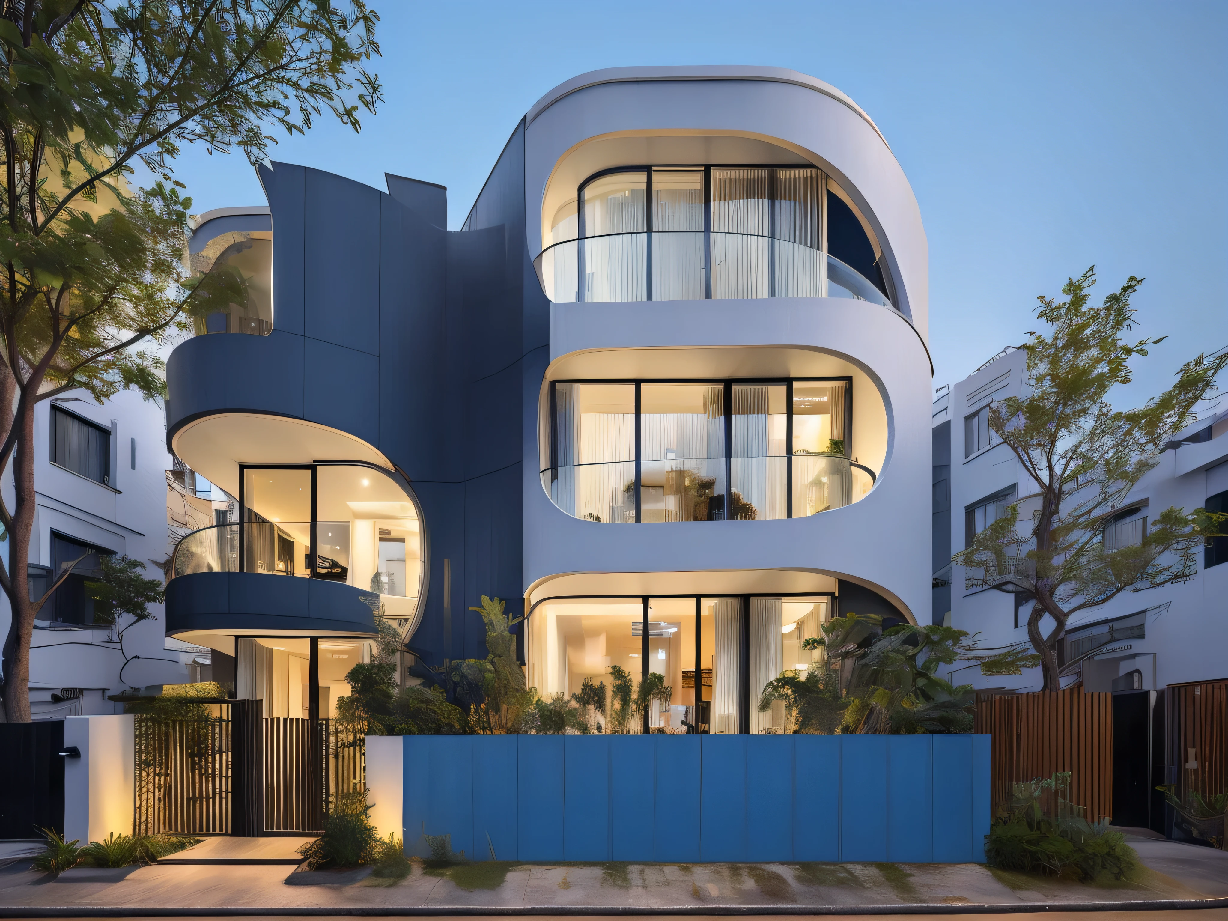 Front of a modern house with intense blue and elegant yellow paintwork, floor of the house with white tiles, a swimming pool with intense blue tiles with realistic blue water, built-in roof, modern door, vertical rectangular windows made of intense blue color glass, a roof outside the yellow house, big blue flower pots,drop shadow, stereogram, tachi-e, cinematic lighting, 8k, super detail, ccurate, best quality, highres, award winning, textured skin, anatomically correct, ccurate, retina, UHD