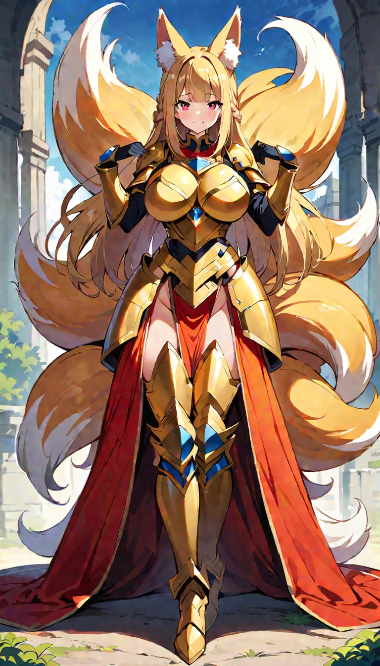 full body,blonde hair, french braid, hair behind ear, hime cut, very long hair, blue eyes, red eyes shadow, animal ears, fox ears,"long orange fox ears with black tips", covering ears, kemonomimi mode, smiling ,tail emanating(9 tails fox),huge tits, large hips,fully clothed,skin covered with armor, golden armor, no nswf, high detail, depth of field, masterpiece, anatomically correct, high quality, award winning