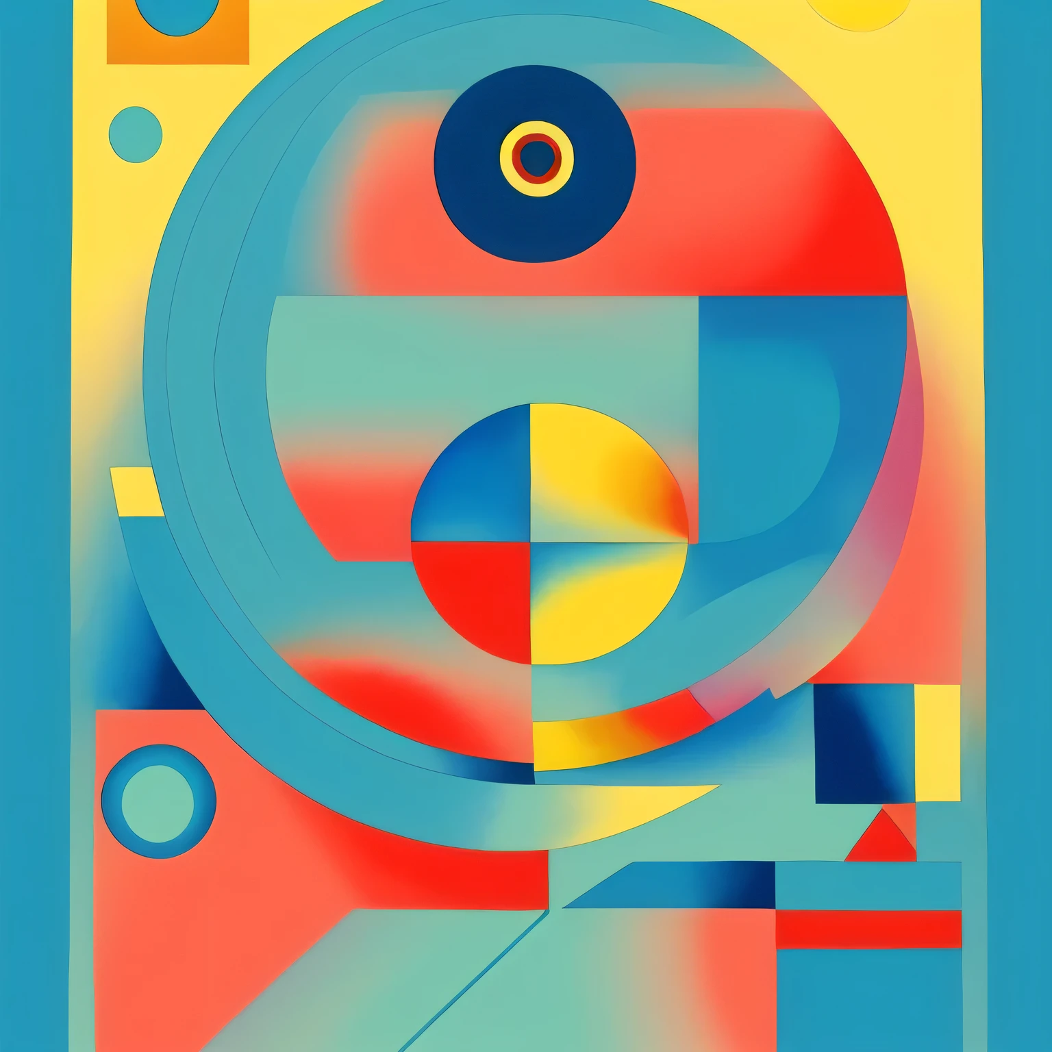 a painting of a circle with a blue, yellow, red and green circle, bauhaus style painting, inspired by Sophie Taeuber-Arp, orphism style, inspired by Auguste Herbin, fortunato depero painting style, bauhaus art, by Sonia Delaunay, inspired by Delaunay, geometric abstraction, inspired by Stanton Macdonald-Wright