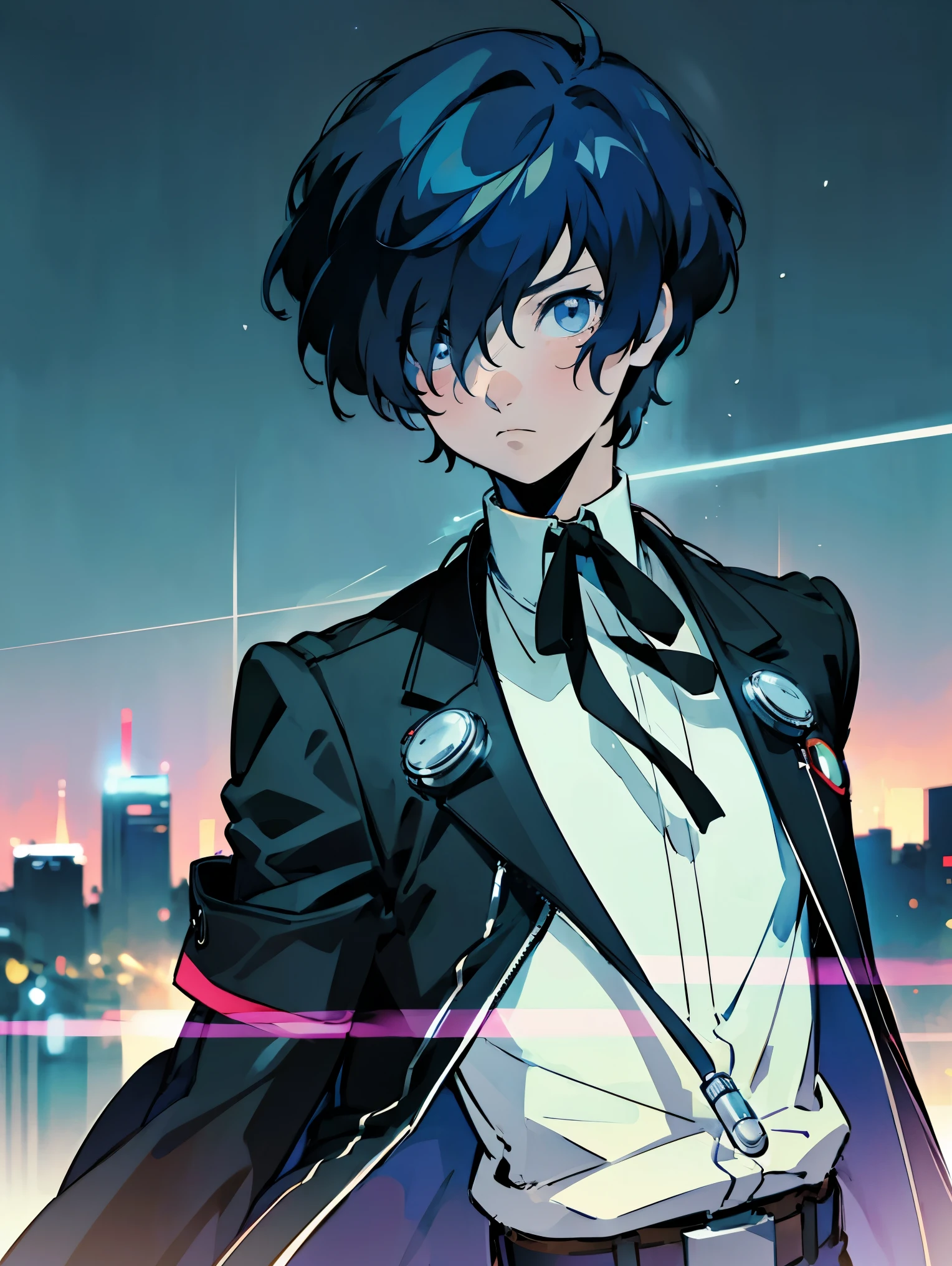 Solo, 1 boy, Makoto yuki, cool pose, perfect anatomy, neat lineart,4k, city landscape scenery, looking at camera, glowing lights in the background, black roses on the ground, 
, jacket, ribbon, armband, digital media player, dark blue hair, black jacket, white shirt, ribbon on neck, short hair, hair covering one eye, gloomy expression