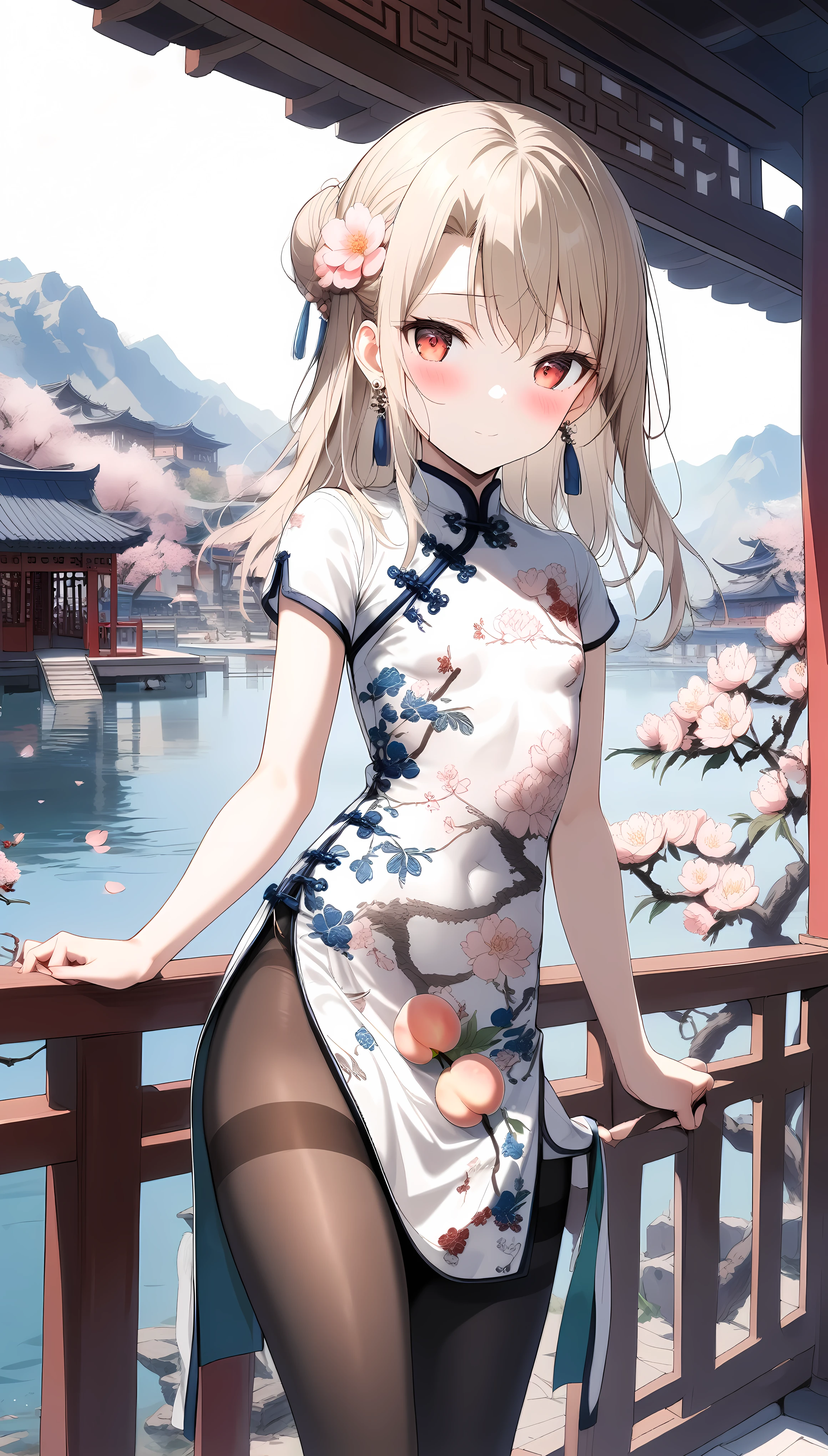 1girl,(illyasviel von einzbern),red_eyes,cream hair,(french braid),seductive smile,blush,flower,beautiful detailed_background,small breasts,butterfly,(qipao,china dress,chinese clothes,dress),gold trim,floral print,folding fan,jewelry,earrings,explicit,flower,general, hair_ornament,((peach blossom)),long_hair,looking_at_viewer,pantyhose,paper fan,print dress,solo,thighband pantyhose,questionable,sensitive,solo,tassel,tassel_earrings,(spring),Chinese style architecture, Chinese style, lake, ancient town, beautiful and meticulous water, (Fishing boat), pavilion,steam,Surrounding by falling peach blossoms petals,