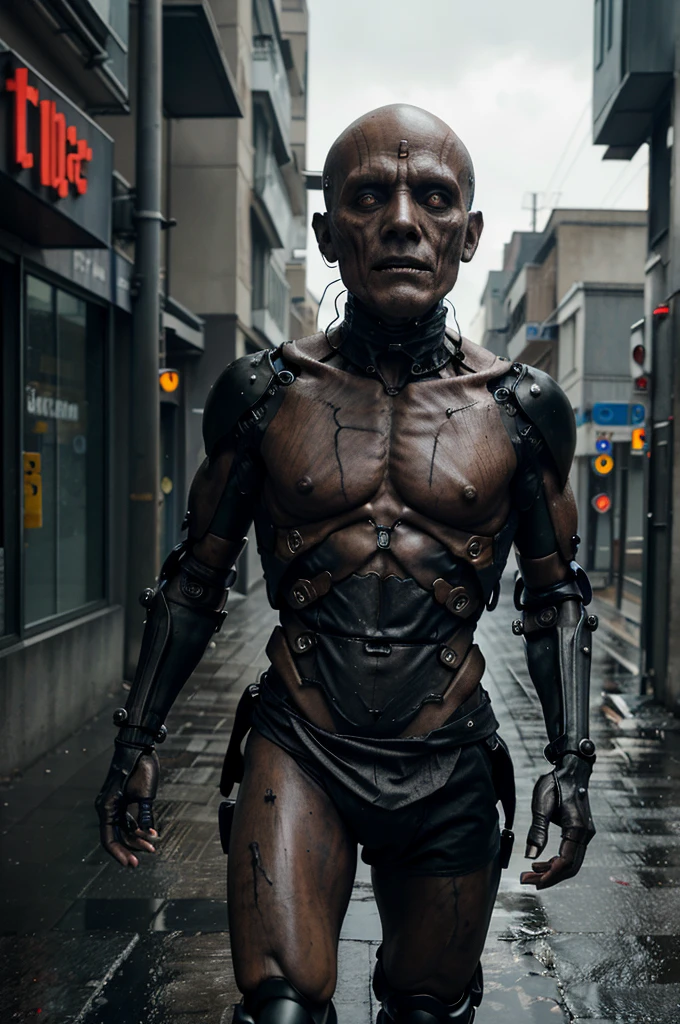 Humanoid monster resembling the living dead. He is missing an arm and a leg and they have been replaced by mechanical prostheses.. His clothes are torn. Part of his face is disfigured and the other part is made up of mechanical elements. He is on a deserted, rainy street and it is dark