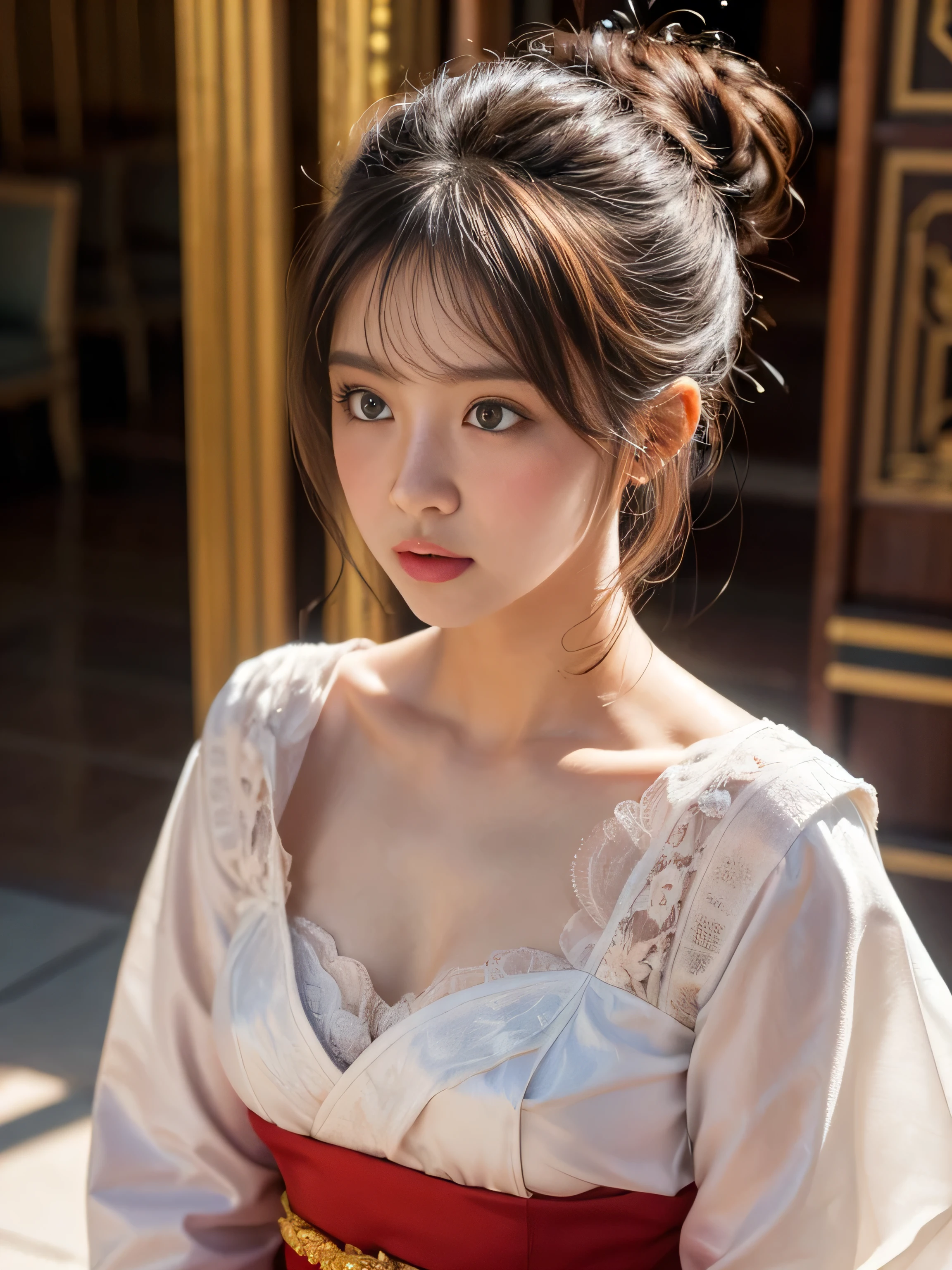 16 years old child, hair up, super big hair up, wearing Traditional Thai clothing, big round breast, (shy:1.3), (full-face blush:1.2), (photorealistic:1.2), (ultra realistic:1.3), (very detailed:1.1), ((masterpiece)), first-person view, background is Thailand the Grand Palace.