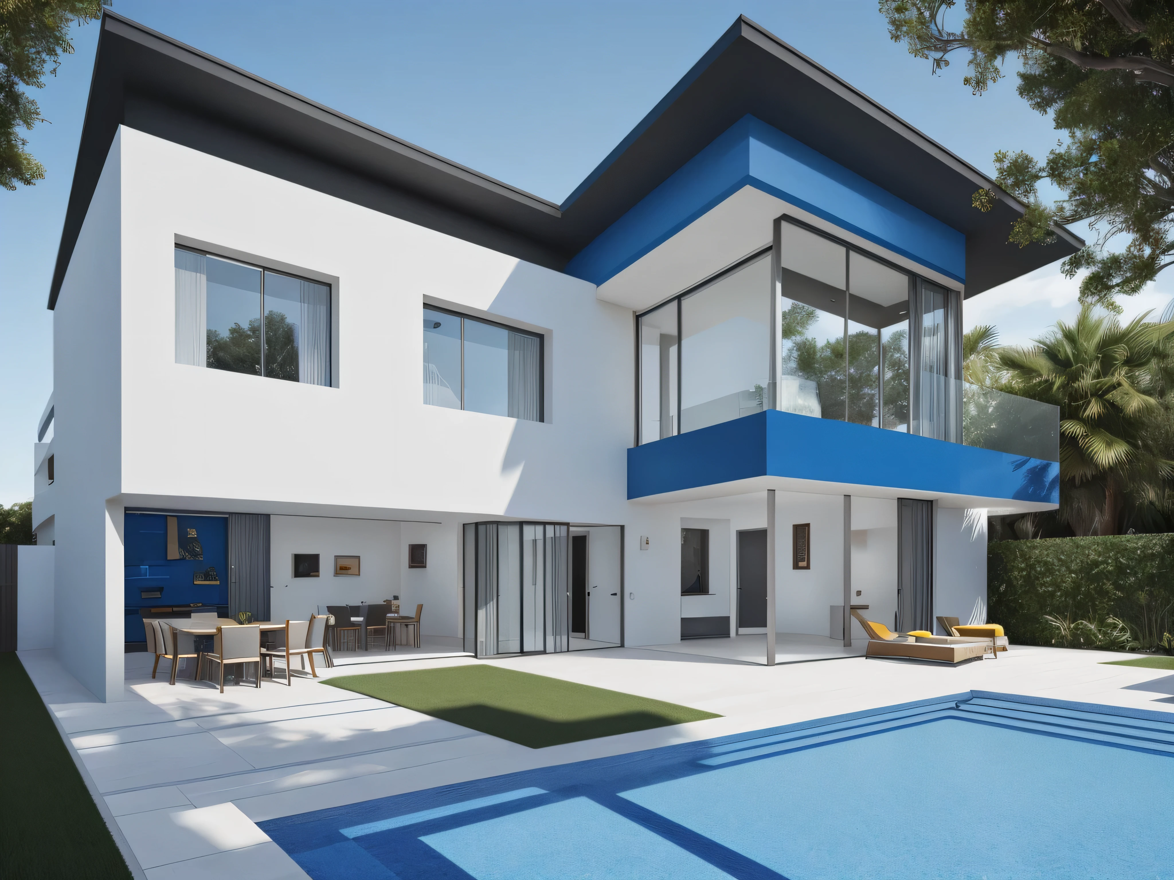 Front of a modern house with intense blue and elegant yellow paintwork, floor of the house with white tiles, a swimming pool with intense blue tiles with realistic blue water, built-in roof, modern door, vertical rectangular windows made of intense blue color glass, a roof outside the yellow house, big blue flower pots,drop shadow, stereogram, tachi-e, cinematic lighting, 8k, super detail, ccurate, best quality, highres, award winning, textured skin, anatomically correct, ccurate, retina, UHD