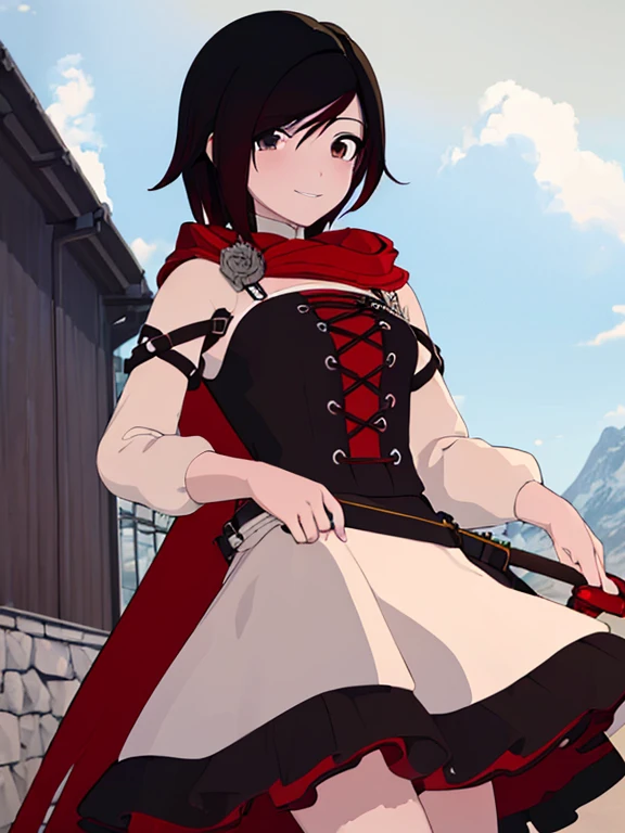 ((Obra maestra,mejor calidad)),  absurdos,
vestido largo blanco, 
ruby_rwby,
solo, sonriente, mirando al espectador, tiro de vaquero,