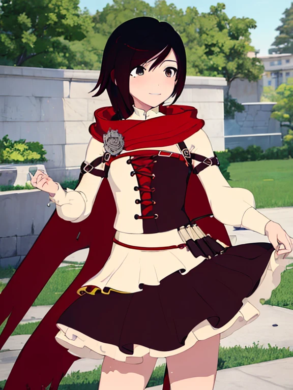 ((Obra maestra,mejor calidad)),  absurdos,
vestido largo blanco, 
ruby_rwby,
solo, sonriente, mirando al espectador, tiro de vaquero,