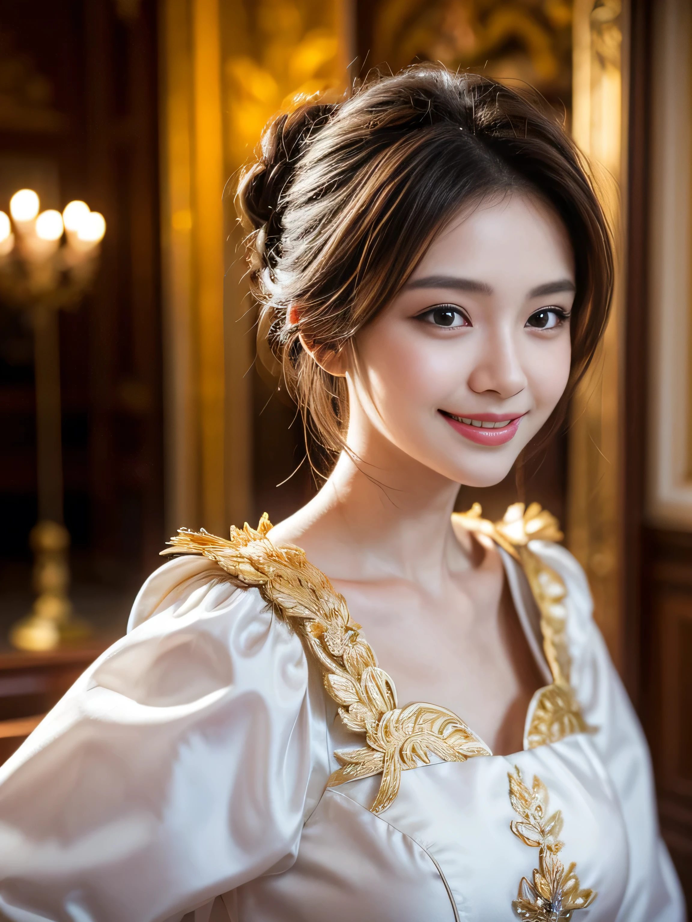 16 years old child, hair up, super big hair up, wearing Traditional Thai clothing, big round breast, (smirk:1.3), (photorealistic:1.2), (ultra realistic:1.3), (very detailed:1.1), ((masterpiece)), first-person view, close up, background is Thailand the Grand Palace.