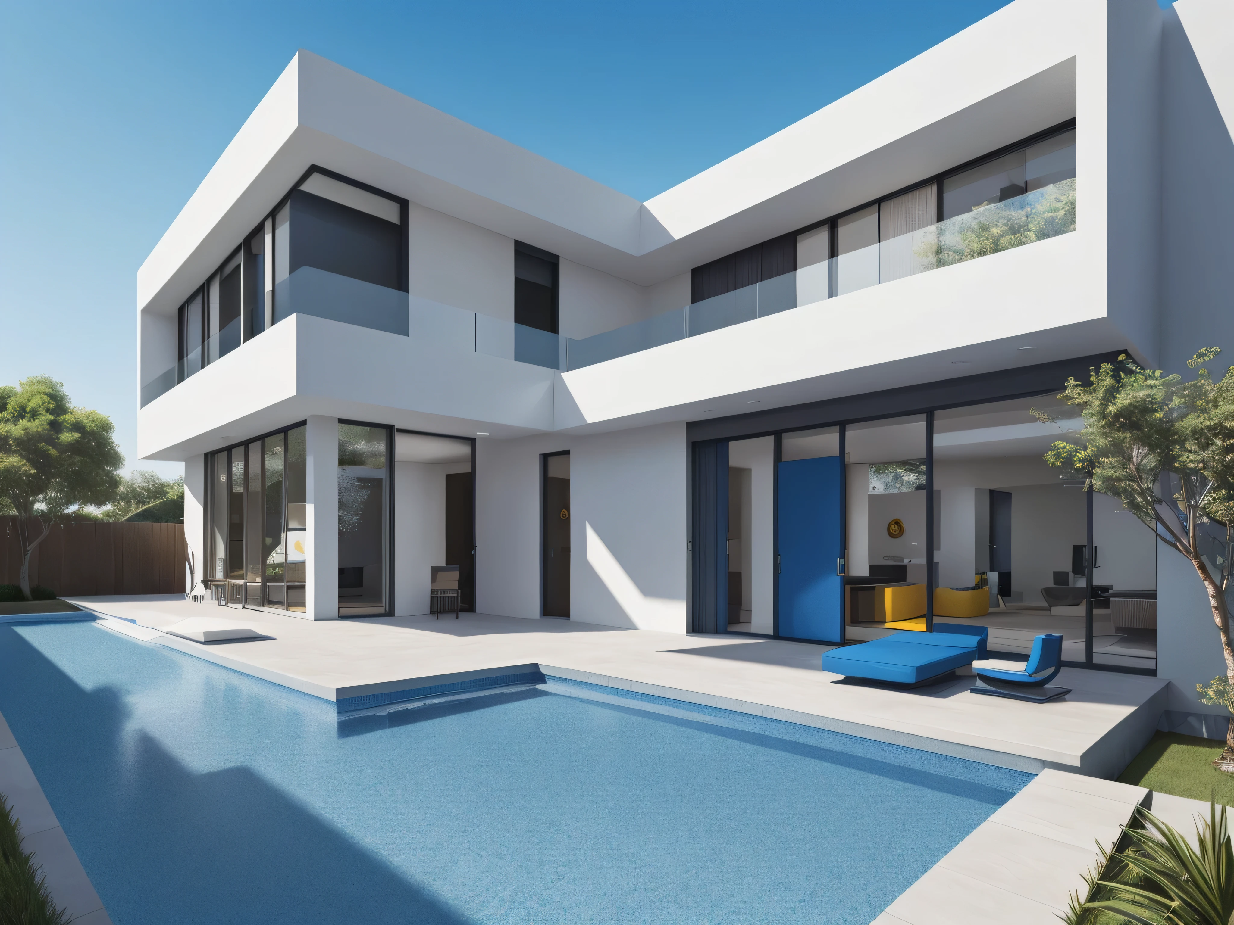Front of a modern house with intense blue and elegant yellow paintwork, floor of the house with white tiles, a swimming pool with intense blue tiles with realistic blue water, built-in roof, modern door, vertical rectangular windows made of intense blue color glass, a roof outside the yellow house, big blue flower pots,drop shadow, stereogram, tachi-e, cinematic lighting, 8k, super detail, ccurate, best quality, highres, award winning, textured skin, anatomically correct, ccurate, retina, UHD

