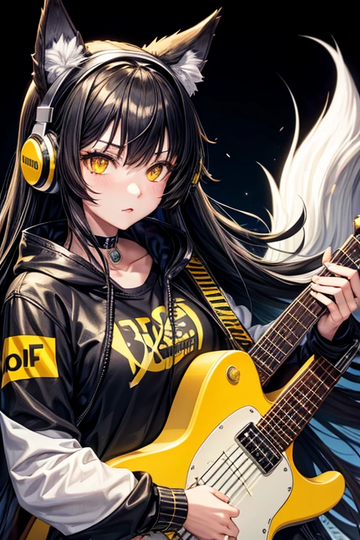 wolf girl,yellow eyes,big black hair and yellow tips, furry and cute wolf ears, rock outfit, playing guitar with headphones, beautiful body.

￼


