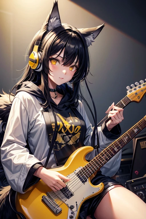 wolf girl,yellow eyes,big black hair and yellow tips, furry and cute wolf ears, rock outfit, playing guitar with headphones, beautiful body.

￼


