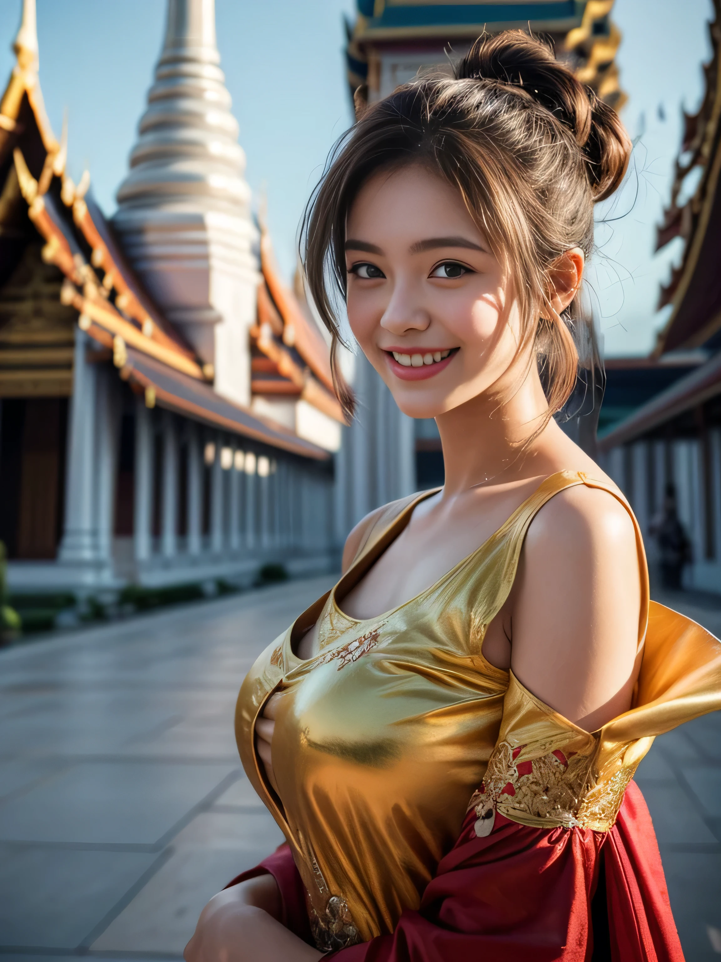 child, hair up, super big hair up, wearing Traditional Thai clothing, big round breast, (light smile:1.3), (photorealistic:1.2), (ultra realistic:1.3), (very detailed:1.1), ((masterpiece)), side view, background is Thailand the Grand Palace.