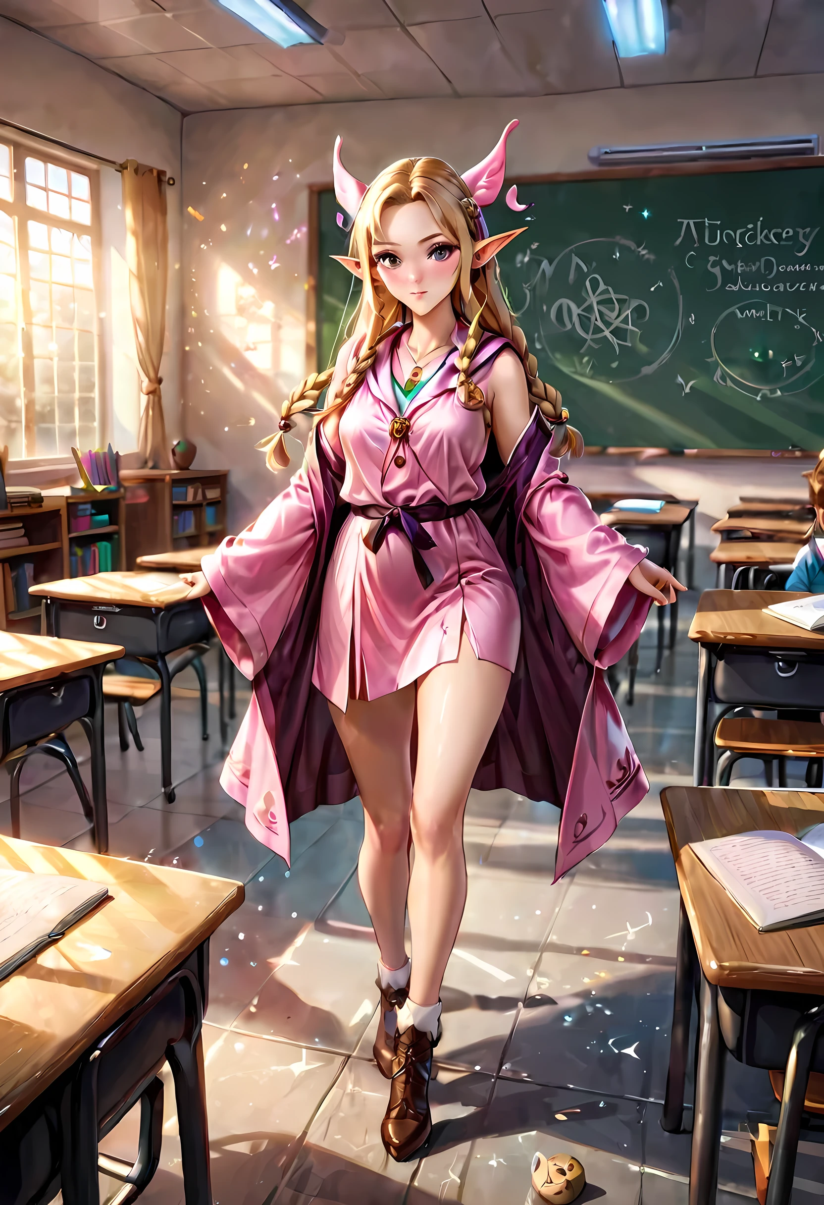 high details, best quality, 16k, [ultra detailed], masterpiece, best quality, (extremely detailed), ultra wide shot, photorealistic, a picture of an elf magical teacher (best details, Masterpiece, best quality: 1.5), teaching magical arts, manipulating magical pink magic runes in the air GlowingRunes_pink (best details, Masterpiece, best quality: 1.5) at fantasy classroom, a female elf, exquisite beauty (best details, Masterpiece, best quality: 1.5), ultra feminine (best details, Masterpiece, best quality: 1.5), full body (best details, Masterpiece, best quality: 1.5) golden hair, hair in a long braid, small pointed ears, dynamic eyes color, wearing a teachers robe, standing in the classroom (best details, Masterpiece, best quality: 1.5), fantasy class background, best realistic, best details, best quality, 16k, [ultra detailed], masterpiece, best quality, (extremely detailed), ultra wide shot, photorealism, room is lit with bright light, depth of field, half-elf ears