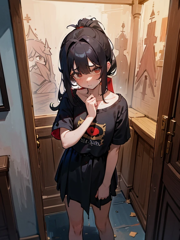 Alta y delgada, Adulta , Cabello negro ondulado, mirada penetrante con ojos profundos de color rojo, estatura promedio, Silky hair with a ponytail hairstyle collected with a red bow with two white lines, tiene pechos, copa de pechos a, small breasts, delgada, primer plano, Session, standing in the middle of his room [[[[apunto de llorar ]]]] LLORANDO, desconsolada, triste, deprimida, ropa desordenada, messy room clothes everywhere, depression, desastre, ojeras, pelo sucio y desordenado, mirada cansada , cuarto sumergido en la oscuridad , usando ropa holgada sin animos de estar viva, wearing only a loose blouse, tears coming out of her eyes 