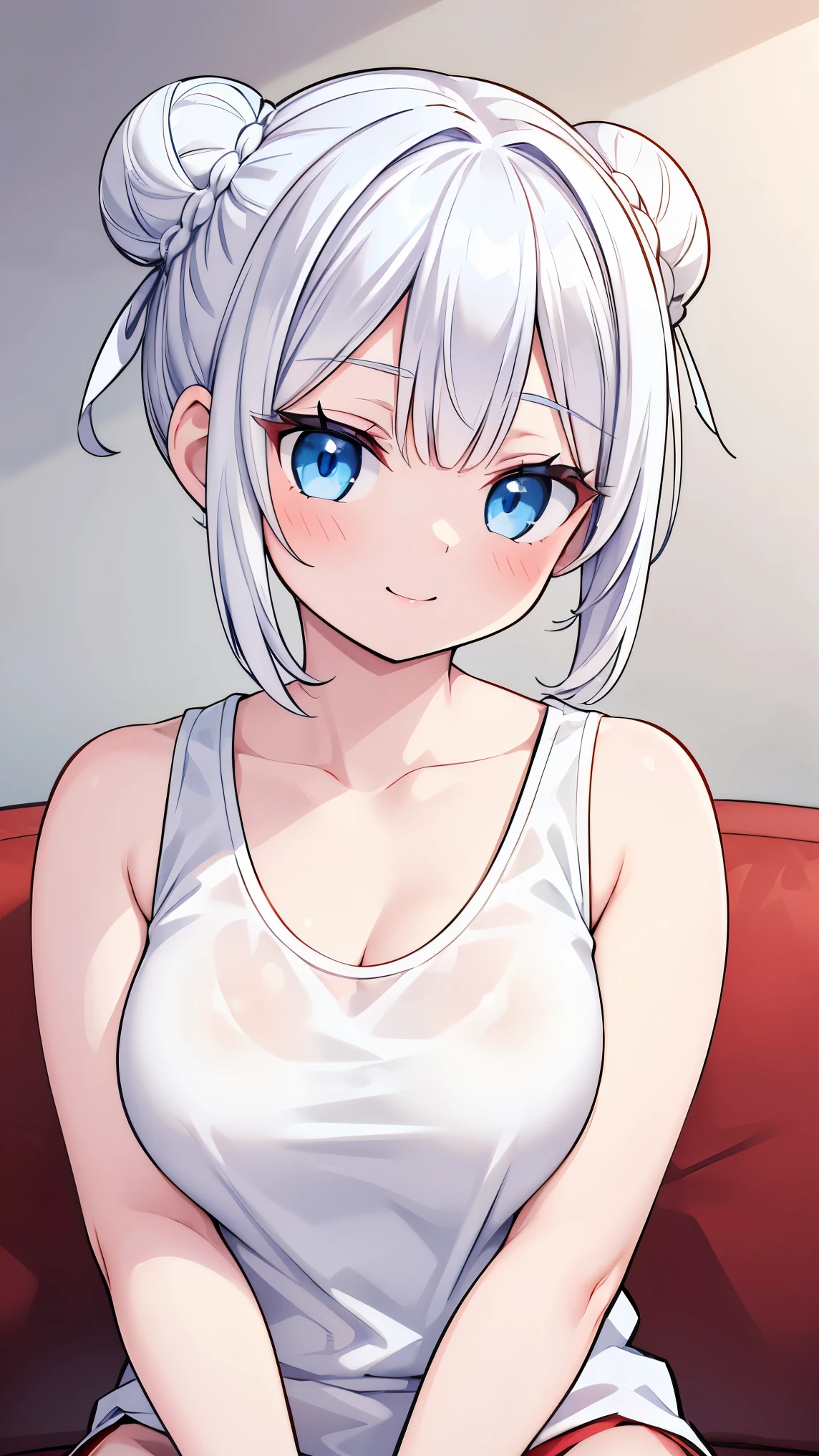 (Girl1,round face,blue eyes),(white hair,double bun hairstyle),((red tank,sitting on the couch)),smile,Very details CG, module, 8K wallpapers, top quality, high precision, beautiful lighting, realistic shade, high precision, detailed skin, very detailed, faces and detailed eyes, realistic eyes