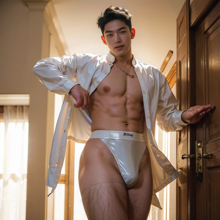 ((Boy only)), (handsome man in his 20s), (sexy latex micro thong ,), (Mischievous smile), HIG quality, beautidful eyes, (Detailed face and eyes), (Face、: 1 / 2), Noise, Real Photographics、... .PSD, Sharp Focus, High resolution 8K, realisitic & Professional Photography, 8K UHD, Soft lighting, High quality, Film grain, FujifilmXT3 ,sexy , NSFW , eroticism , full length shot(fls) ,standing, (thick thighs , phat hips ,wide pelvis , wide hips) , handsome boy , smirk , grins , K-pop idol looking , (plump hips), bare thighs, bare chest , bondage collar , tall , hunk , ((((only male , only boy)))) , standing , 🔞 , puffy nipples , swollen nipples , ((boy korean hairstyle)) , stocking garter