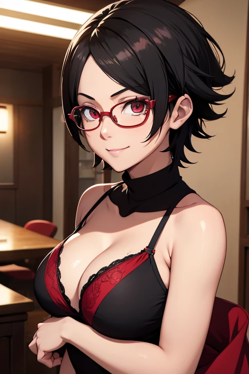 light effect, soft, super clear, high-definition picture, (front), masterpiece, cinematic lighting, Sarada Uchiha, red Sharingan eyes, glasses, black short hair, 1girl, solo, looking at viewer, smile, large breast, open shoulder, yellow lingerie, selfies acting