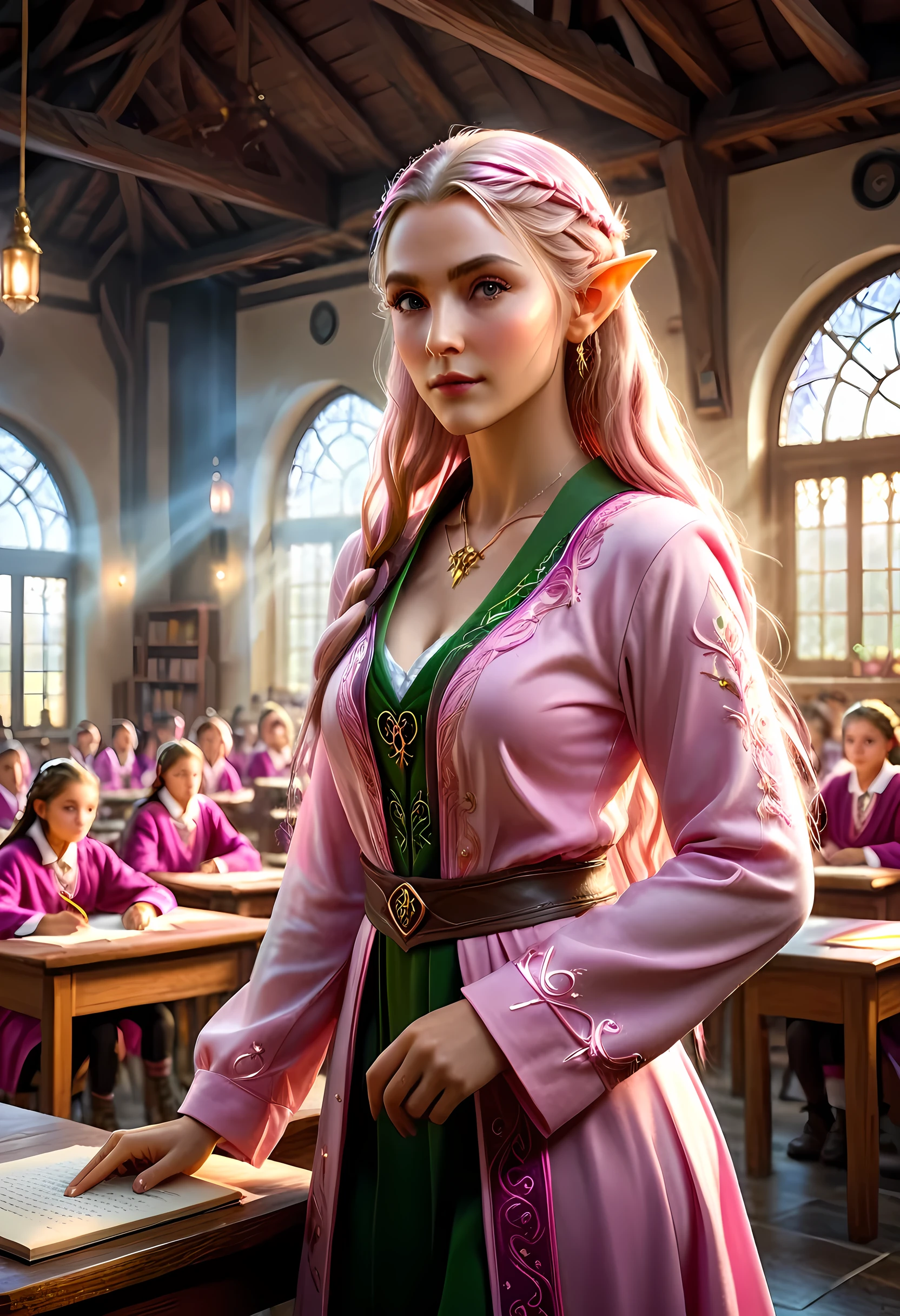 high details, best quality, 16k, [ultra detailed], masterpiece, best quality, (extremely detailed), ultra wide shot, photorealistic, a picture of an elf magical teacher (best details, Masterpiece, best quality: 1.5), teaching magical arts, manipulating magical pink magic runes in the air GlowingRunes_pink (best details, Masterpiece, best quality: 1.5) at fantasy classroom, a female elf, exquisite beauty (best details, Masterpiece, best quality: 1.5), ultra feminine (best details, Masterpiece, best quality: 1.5), full body (best details, Masterpiece, best quality: 1.5) golden hair, hair in a long braid, small pointed ears, dynamic eyes color, wearing a teachers robe, standing in the classroom (best details, Masterpiece, best quality: 1.5), fantasy class background, best realistic, best details, best quality, 16k, [ultra detailed], masterpiece, best quality, (extremely detailed), ultra wide shot, photorealism, room is lit with bright light, depth of field, half-elf ears