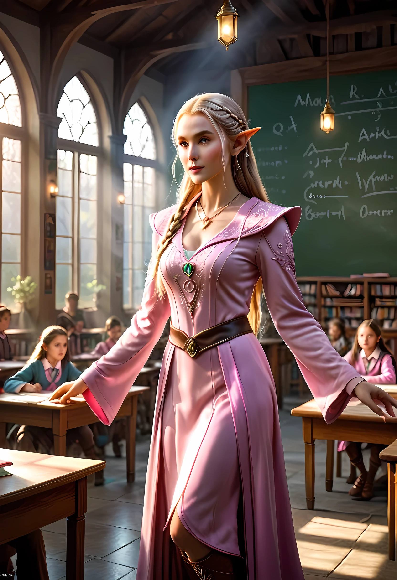 high details, best quality, 16k, [ultra detailed], masterpiece, best quality, (extremely detailed), ultra wide shot, photorealistic, a picture of an elf magical teacher (best details, Masterpiece, best quality: 1.5), teaching magical arts, manipulating magical pink magic runes in the air GlowingRunes_pink (best details, Masterpiece, best quality: 1.5) at fantasy classroom, a female elf, exquisite beauty (best details, Masterpiece, best quality: 1.5), ultra feminine (best details, Masterpiece, best quality: 1.5), full body (best details, Masterpiece, best quality: 1.5) golden hair, hair in a long braid, small pointed ears, dynamic eyes color, wearing a teachers robe, standing in the classroom (best details, Masterpiece, best quality: 1.5), fantasy class background, best realistic, best details, best quality, 16k, [ultra detailed], masterpiece, best quality, (extremely detailed), ultra wide shot, photorealism, room is lit with bright light, depth of field, half-elf ears