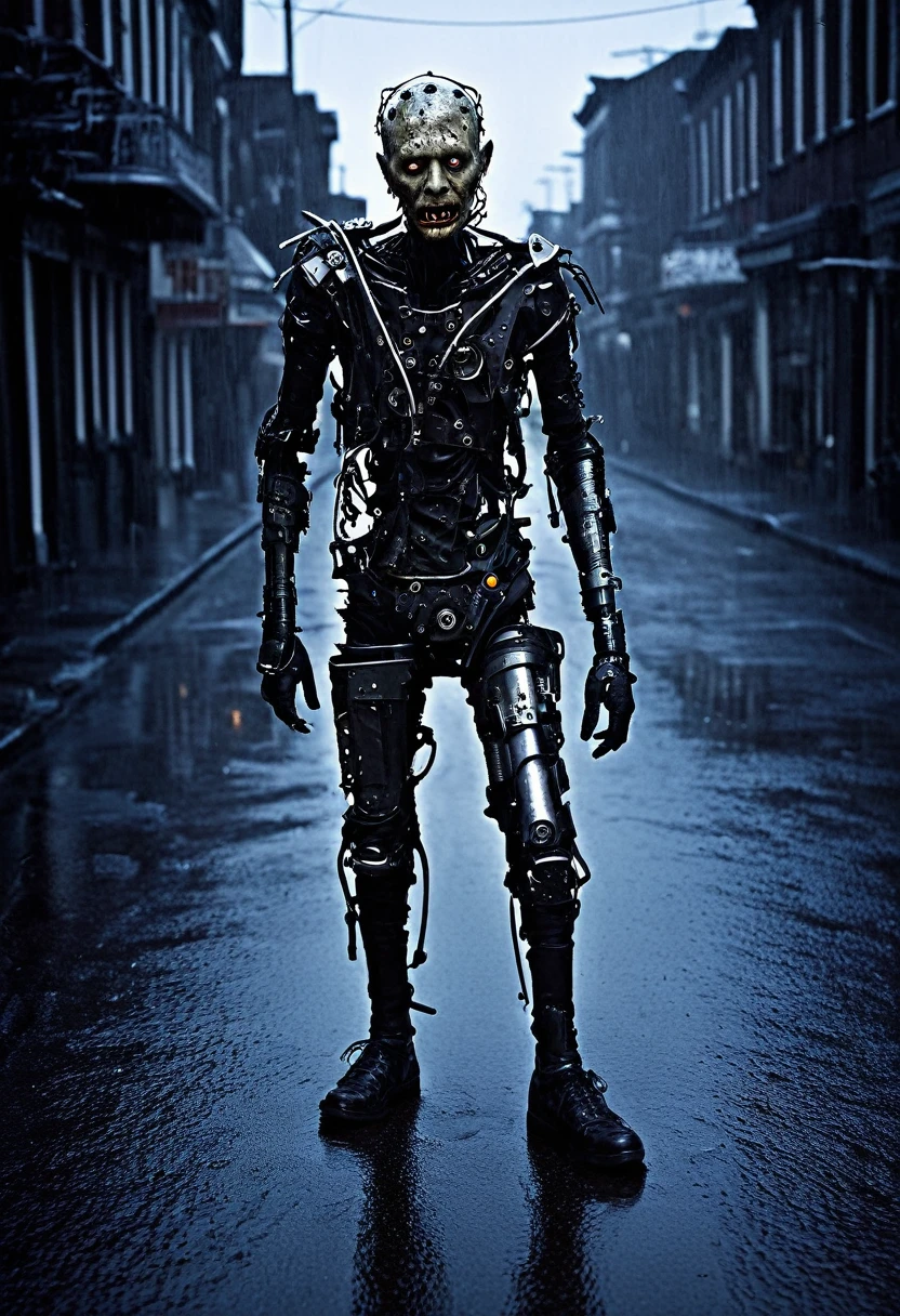 Humanoid monster resembling the living dead. He is missing an arm and a leg and they have been replaced by mechanical prostheses.. His clothes are torn. Part of his face is disfigured and the other part is made up of mechanical elements. He is on a deserted, rainy street and it is dark