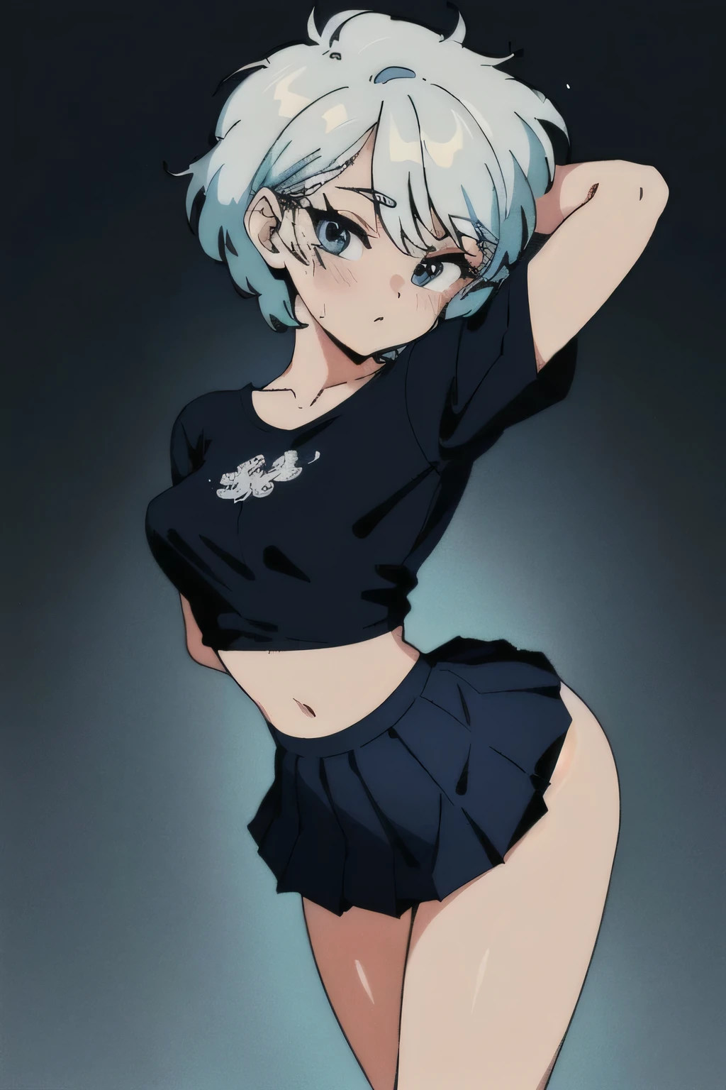 ((masterpiece, ultra detailed, best quality, absurdres, highres, 8k, 4k, uhd, beautiful, intricate)), 1girl, dynamic pose, half body, standing, small breasts, (white short hair, messy hair), icy blue eyes, black shirt, pleated skirt, transparent background